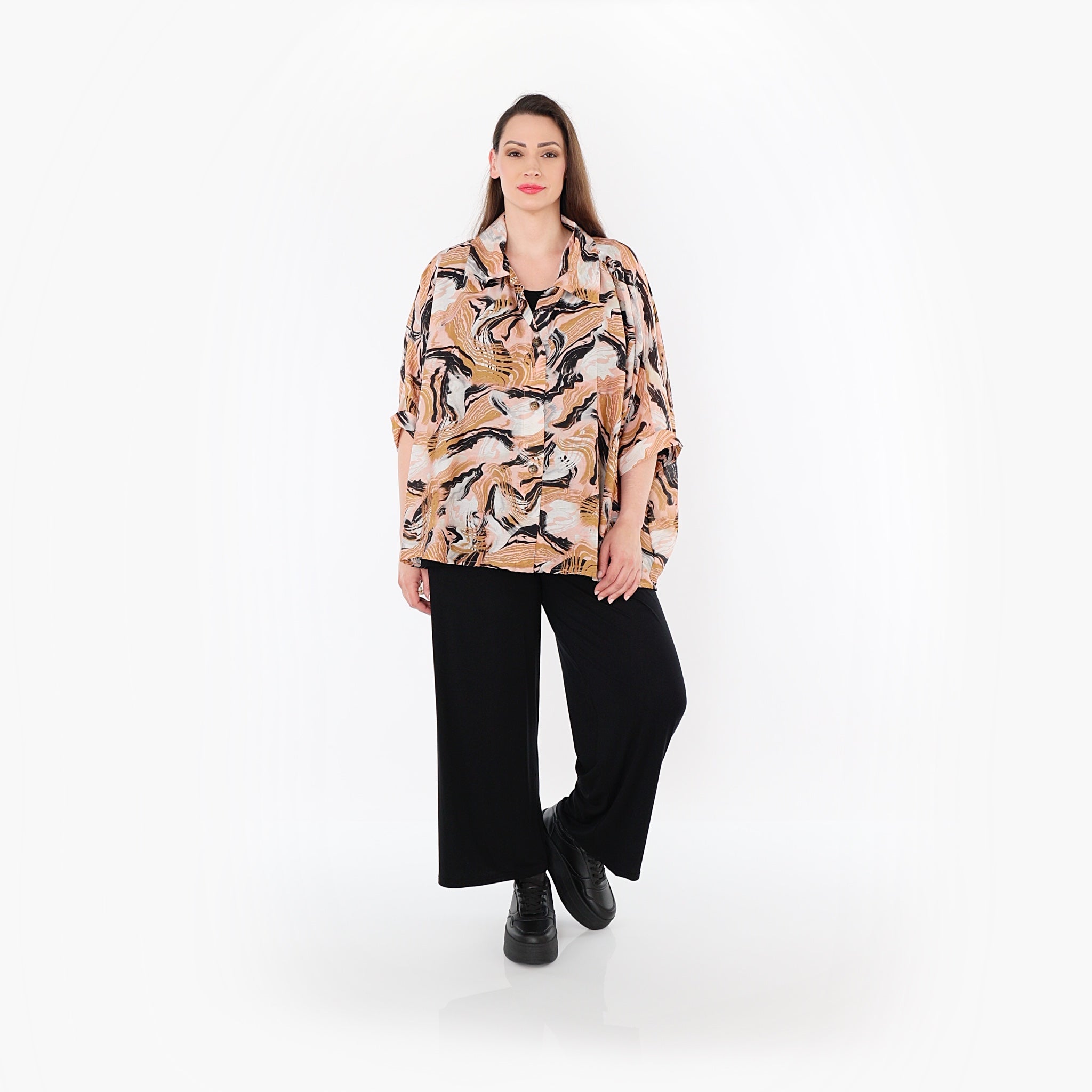  AKH Fashion Bluse in gerundeter Form, aus Rayon, 1510.07092, Cognac/Rosa/Schwarz, Wellen