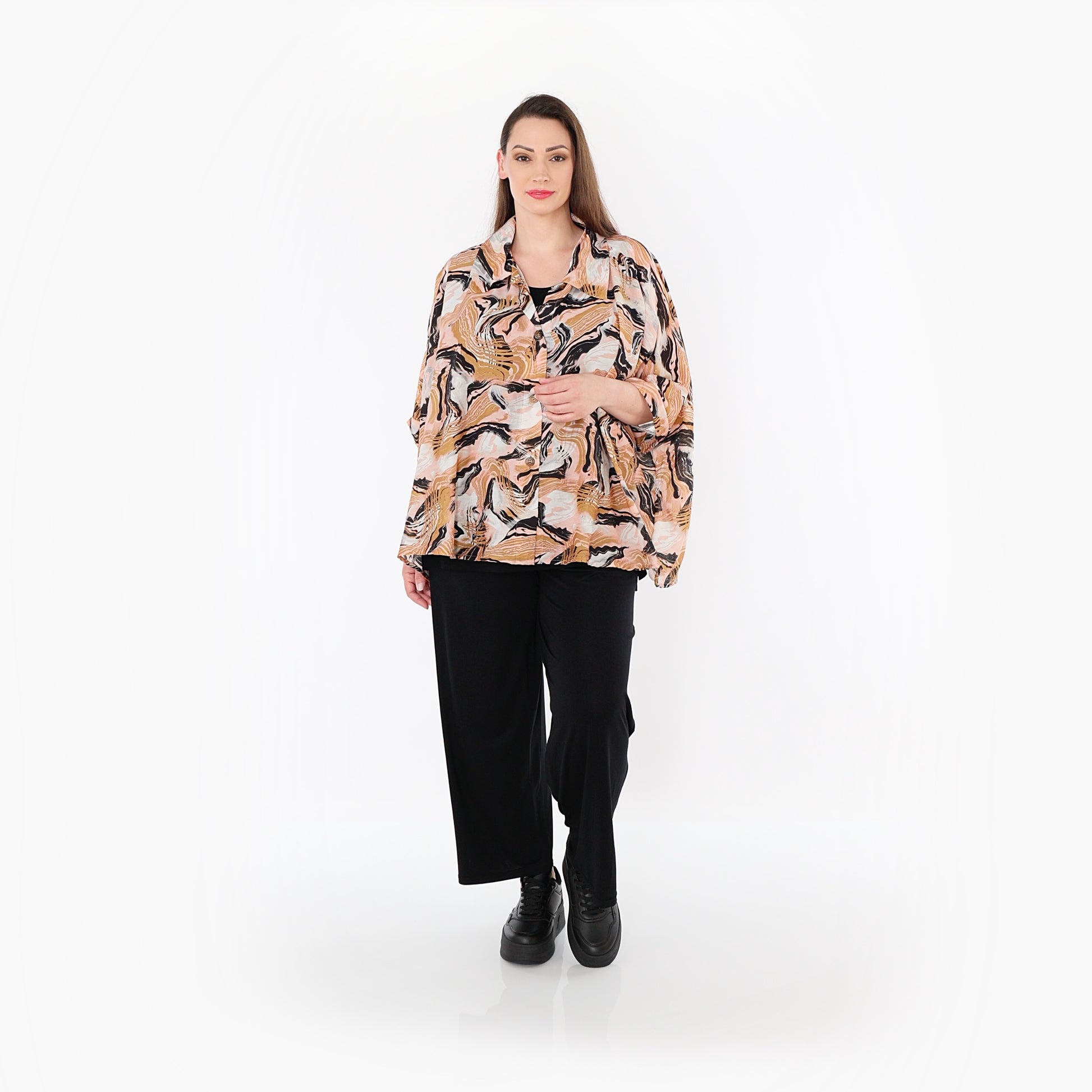  AKH Fashion Bluse in gerundeter Form, aus Rayon, 1510.07092, Cognac/Rosa/Schwarz, Wellen