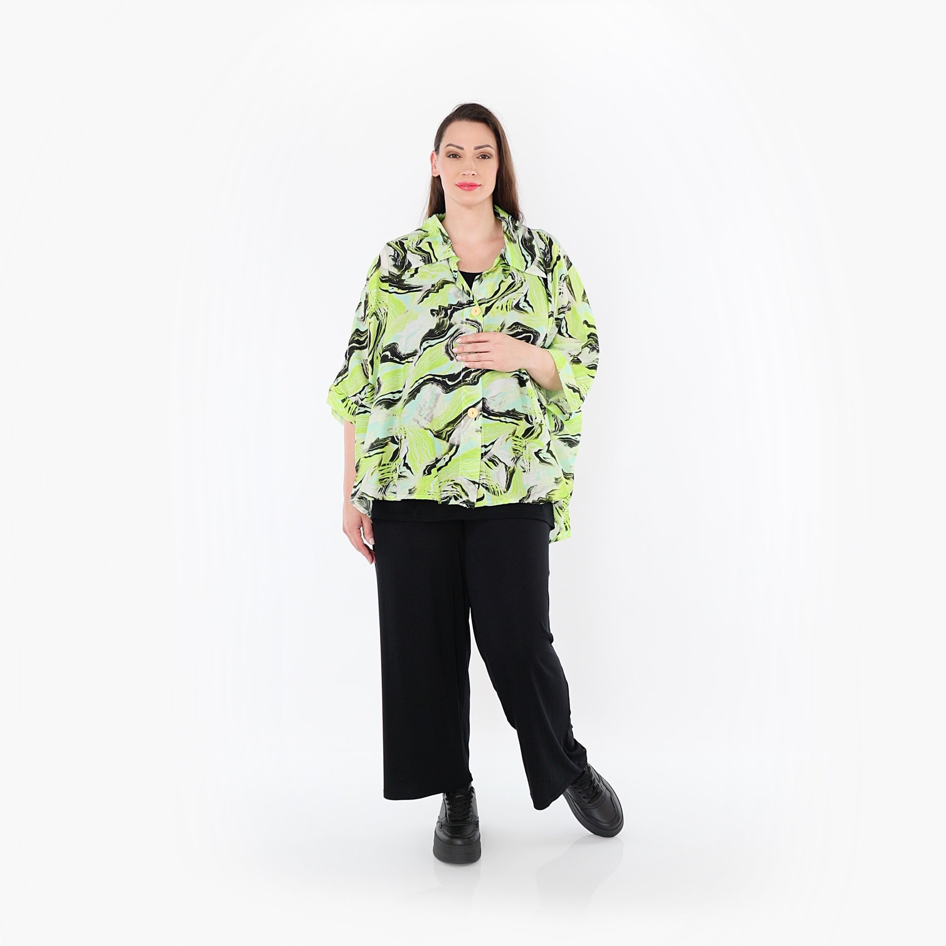  AKH Fashion Bluse in gerundeter Form, aus Rayon, 1510.07092, Grün/Türkis/Schwarz, Wellen