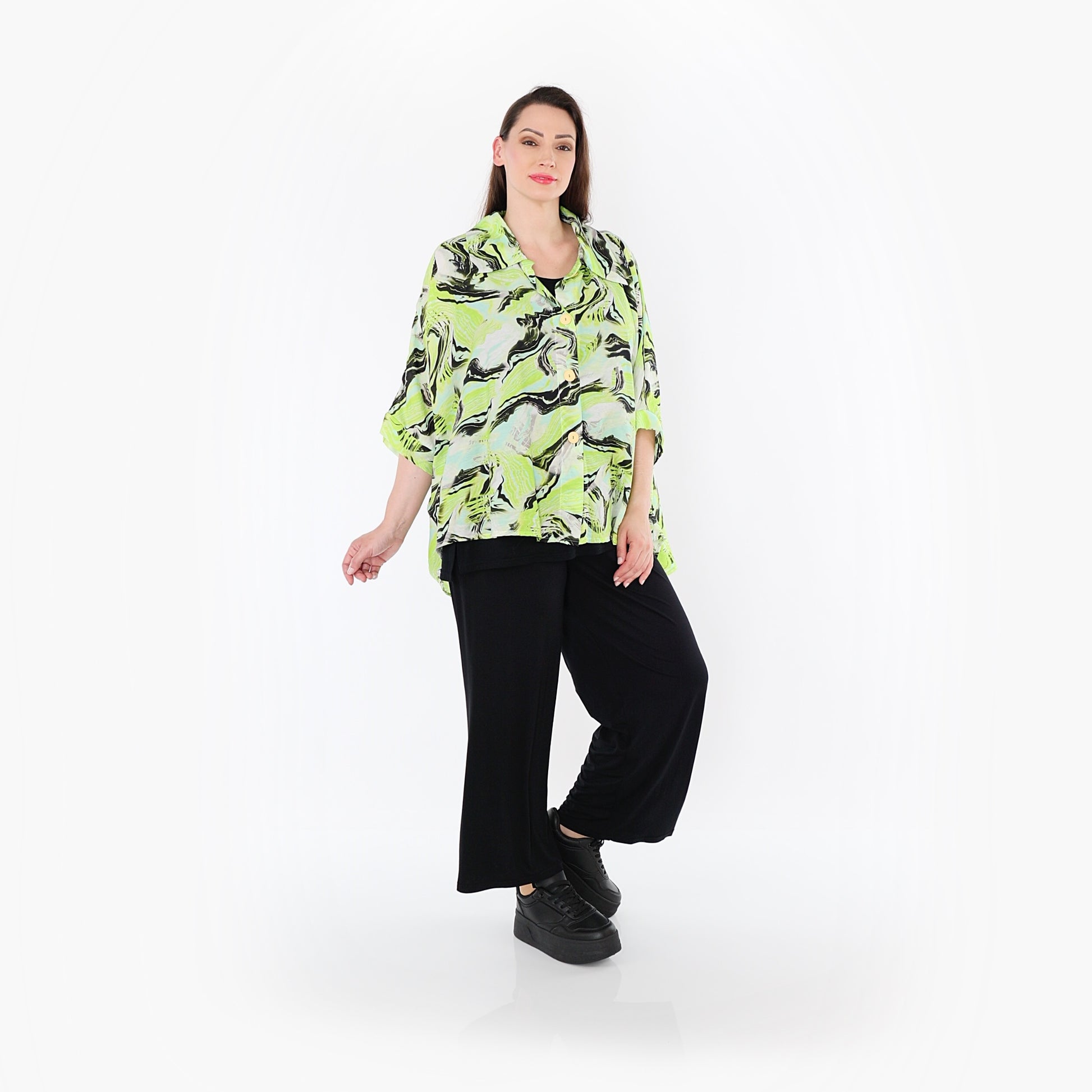  AKH Fashion Bluse in gerundeter Form, aus Rayon, 1510.07092, Grün/Türkis/Schwarz, Wellen