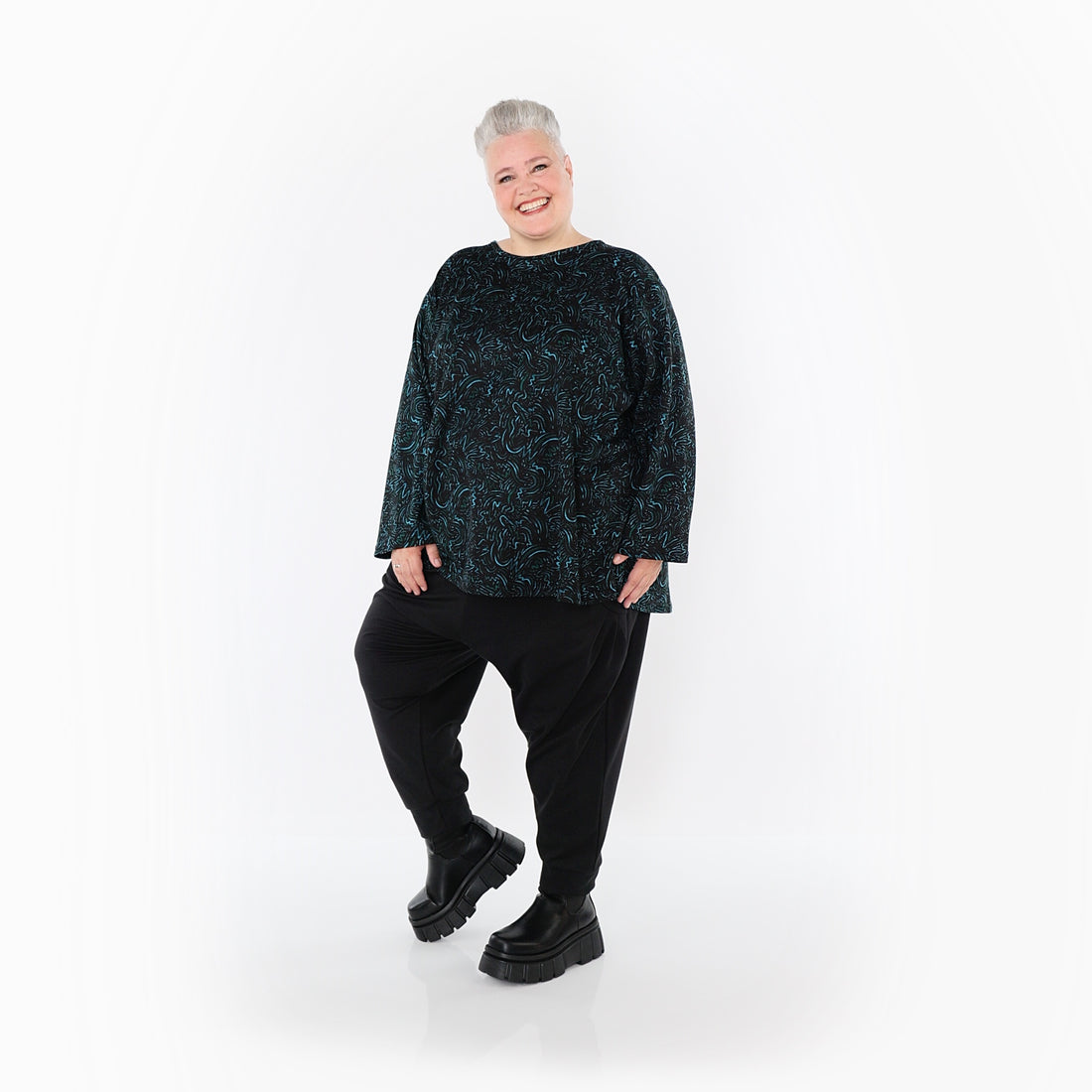 AKH Fashion Bigshirt in gerundeter Form, aus Materialmix, 1516.06815, Petrol
