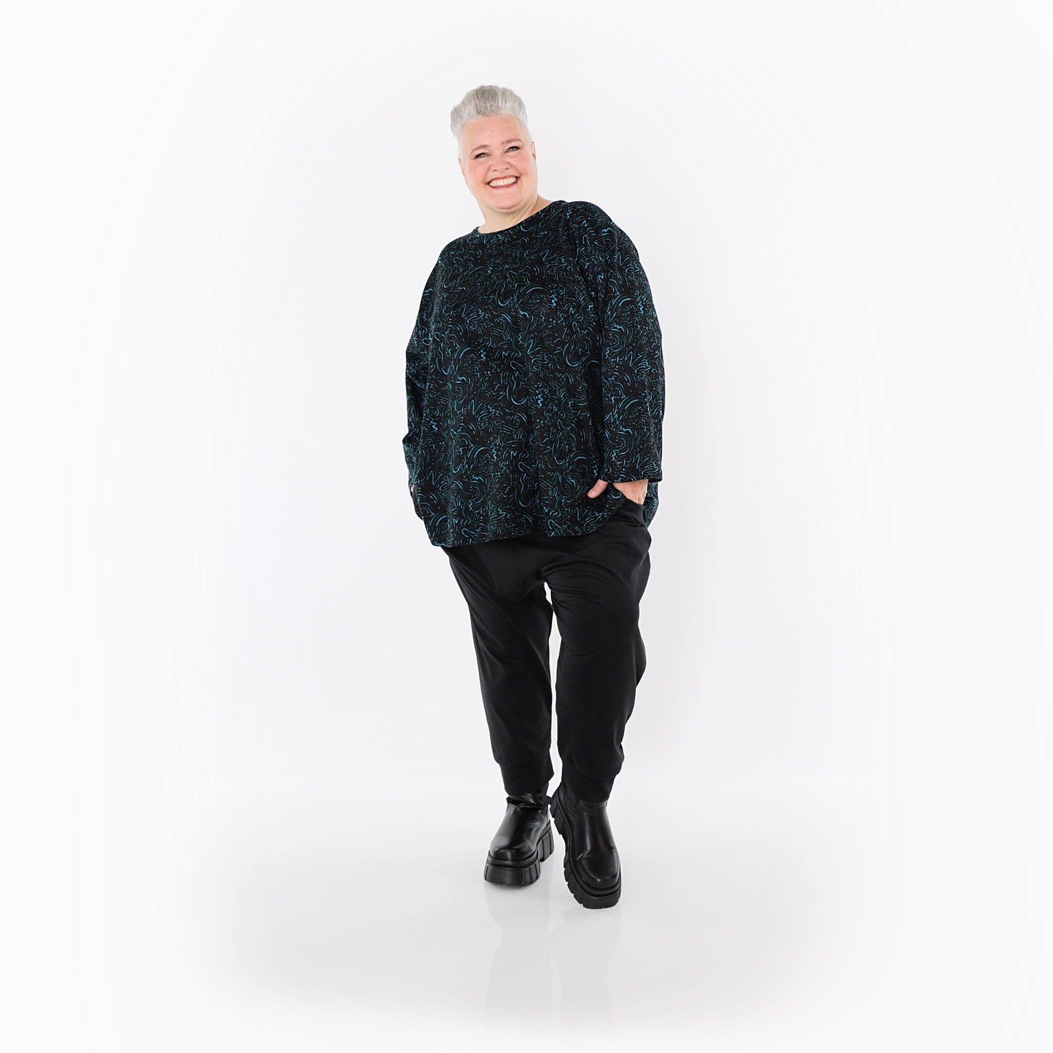 AKH Fashion Bigshirt in gerundeter Form, aus Materialmix, 1516.06815, Petrol