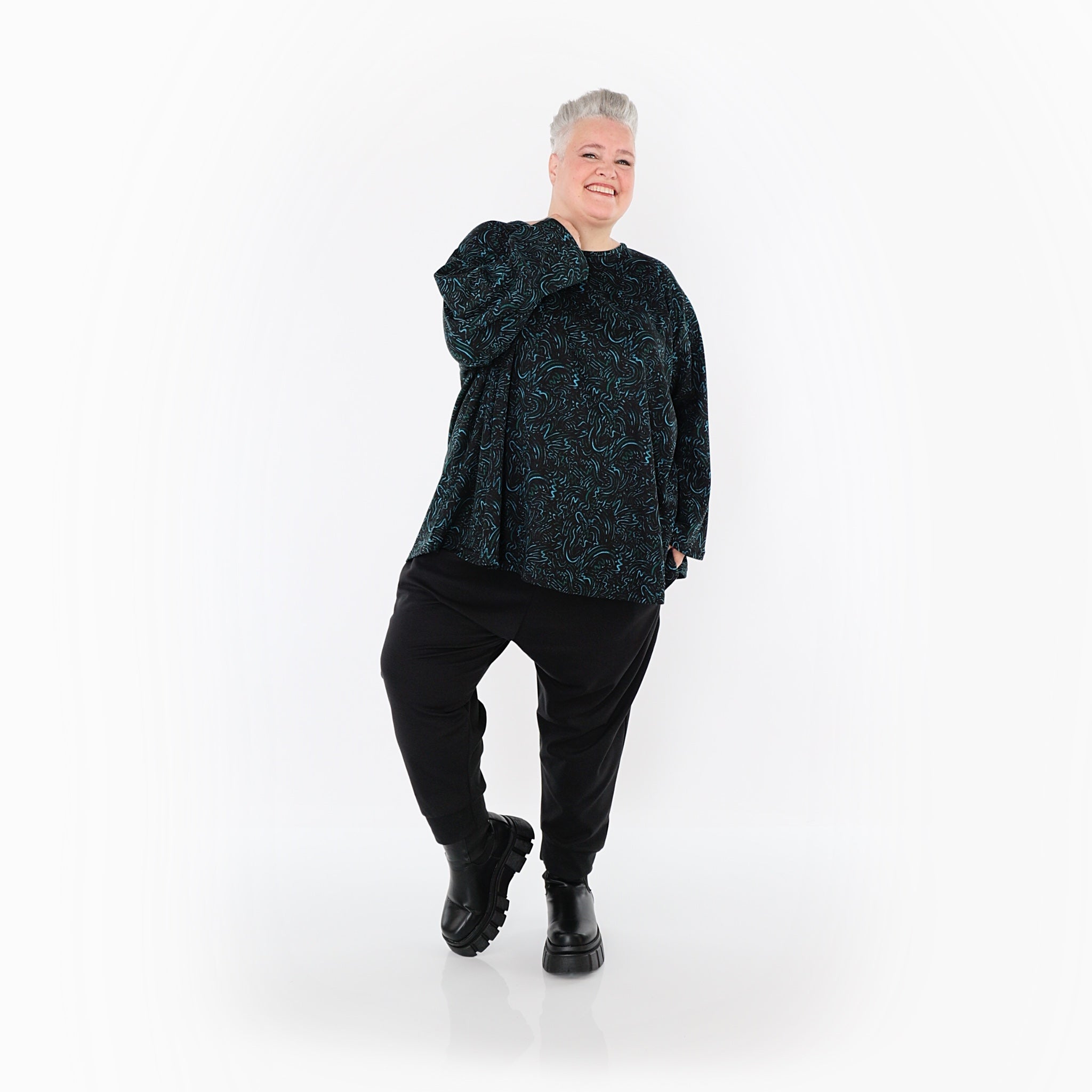 AKH Fashion Bigshirt in gerundeter Form, aus Materialmix, 1516.06815, Petrol