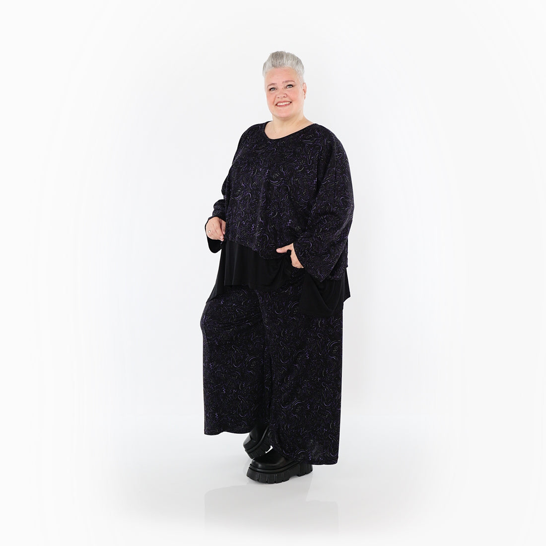  AKH Fashion Überwurf in kastiger Form, aus Materialmix, 1516.06048, Schwarz/Violett/Grau