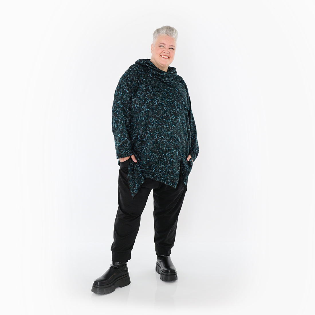  AKH Fashion Bigshirt in asymmetrischer Form, aus Materialmix, 1516.06061, Petrol