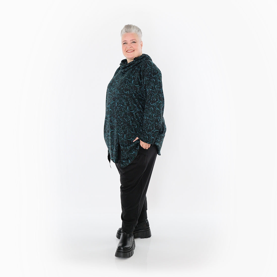  AKH Fashion Bigshirt in asymmetrischer Form, aus Materialmix, 1516.06061, Petrol