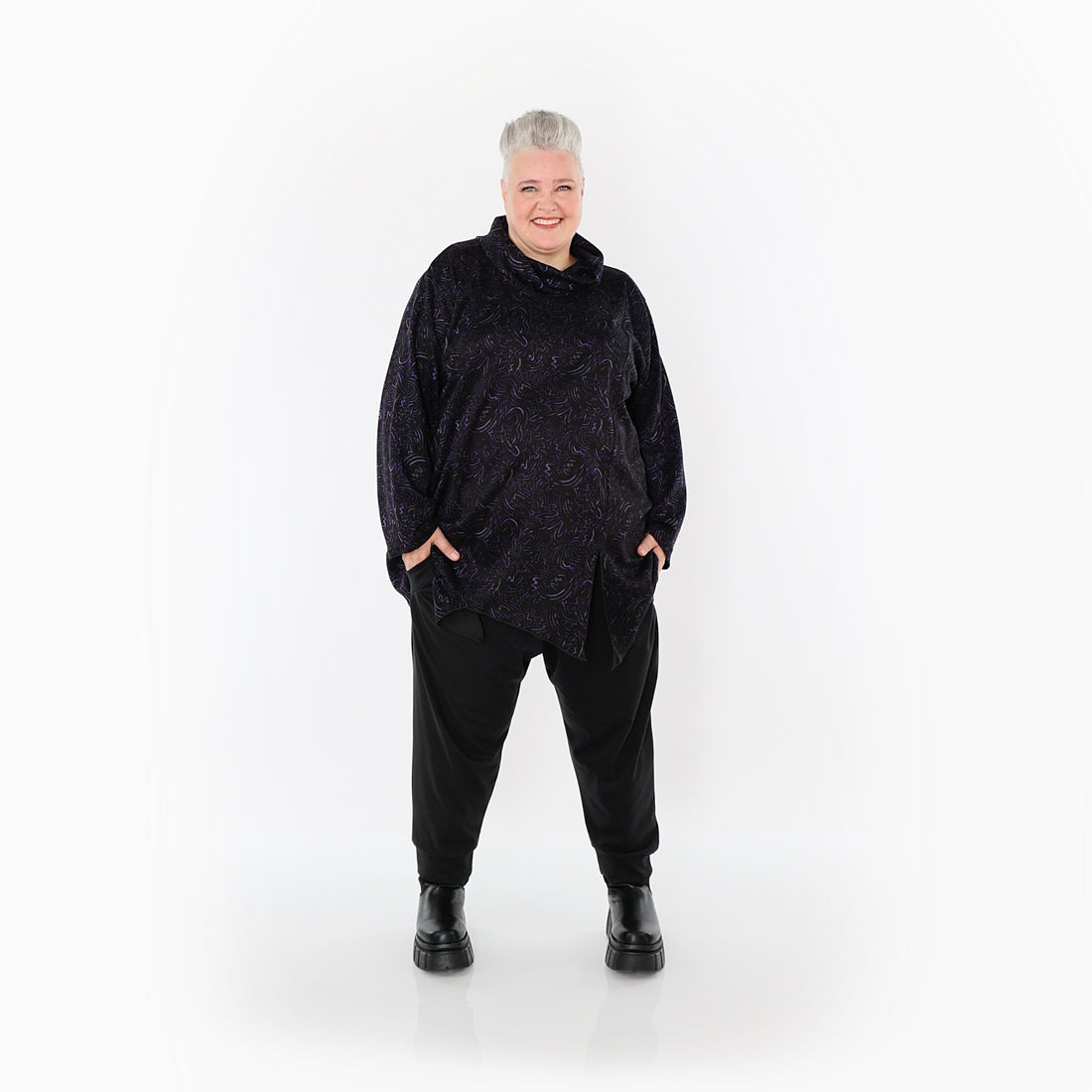  AKH Fashion Bigshirt in asymmetrischer Form, aus Materialmix, 1516.06061, Violett