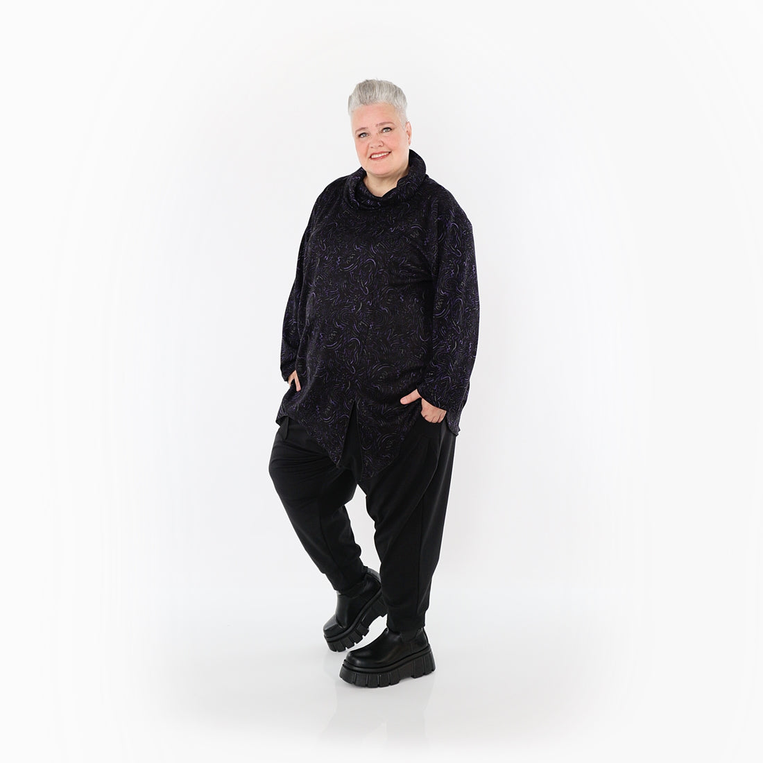  AKH Fashion Bigshirt in asymmetrischer Form, aus Materialmix, 1516.06061, Violett