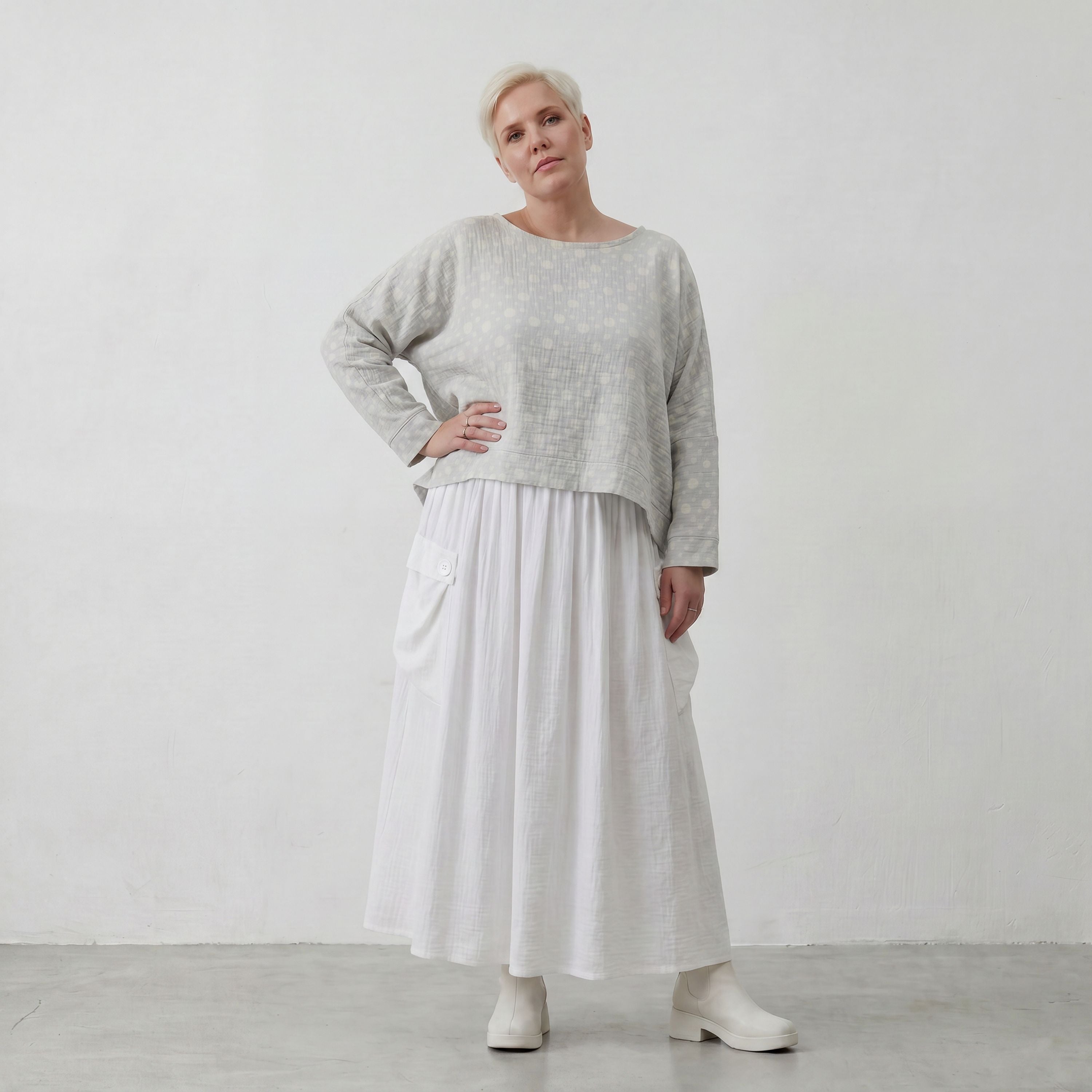 Leichter Baumwollüberwurf Hellblau/Ecru im Oversize Lagenlook zeitlos leger luftig weich