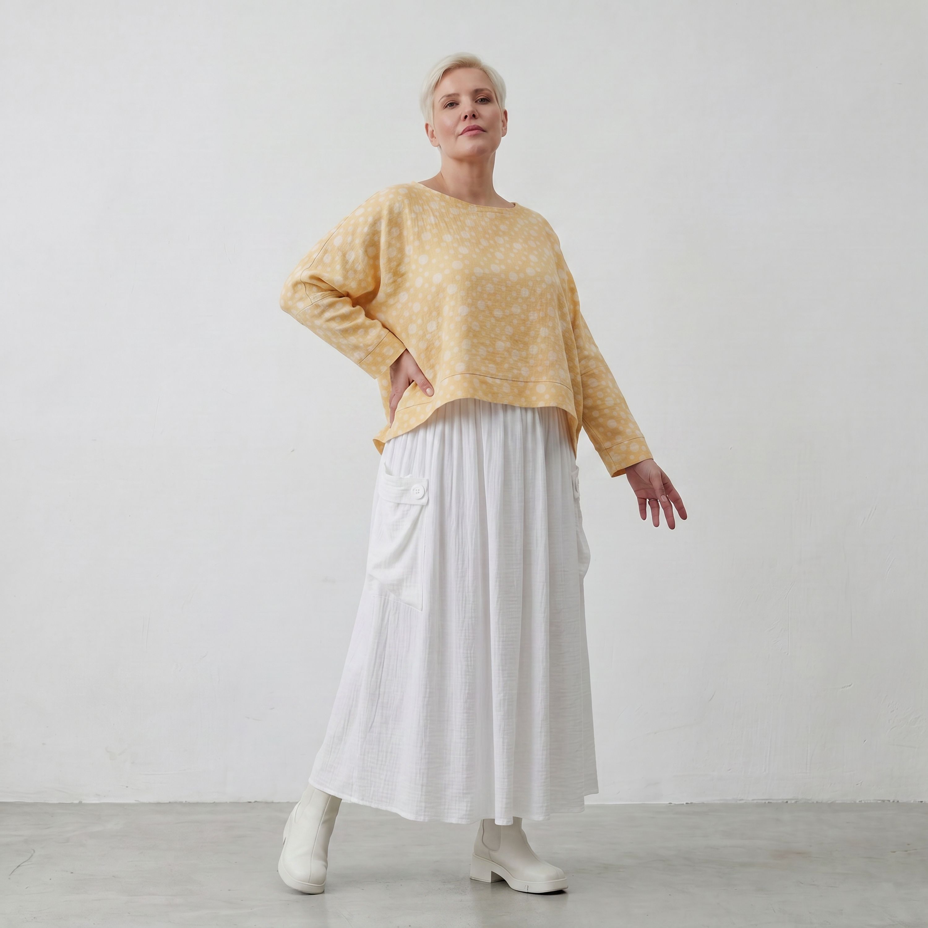 Leichter Baumwollüberwurf Gelb Ecru im Oversize Lagenlook leger zeitlos luftig weich zart