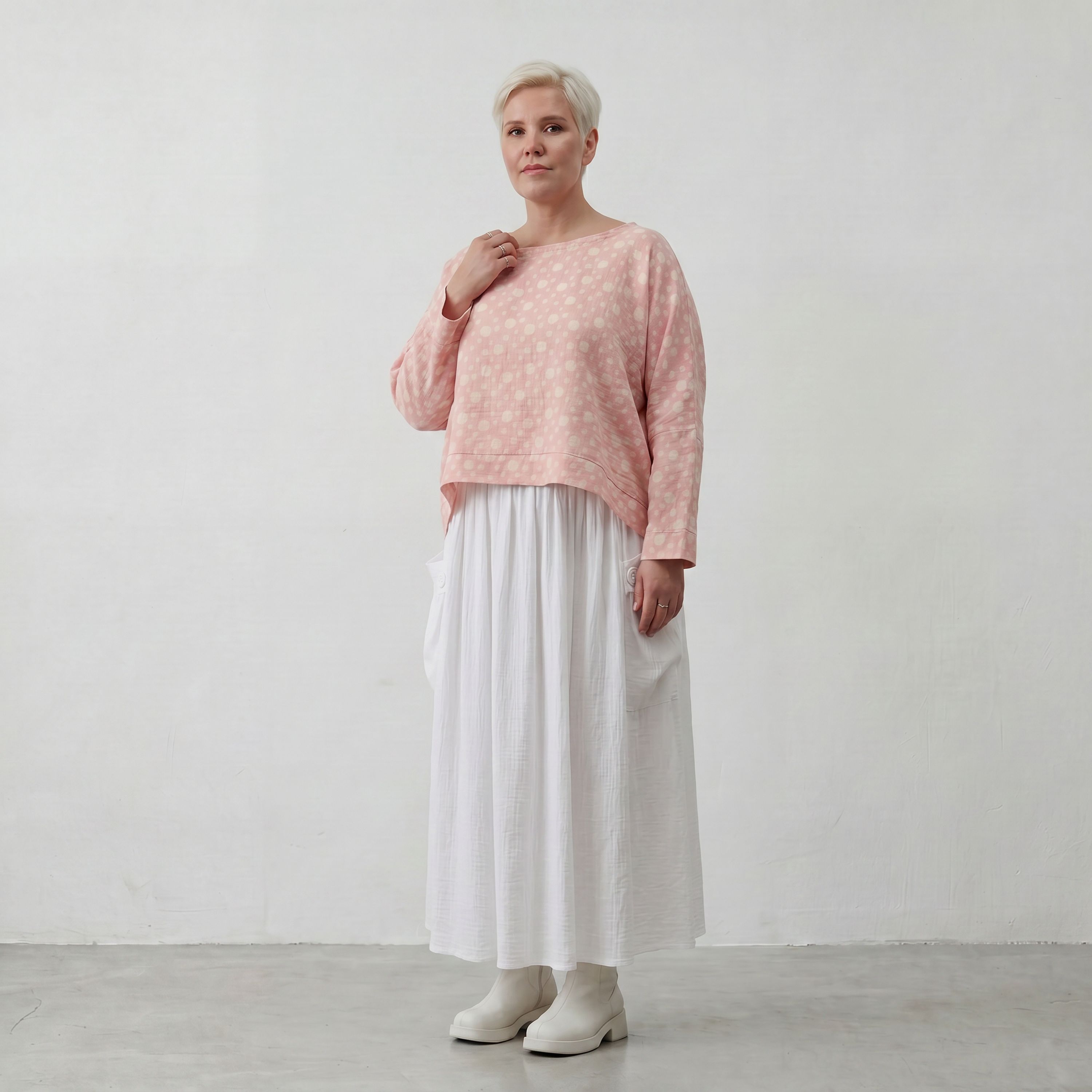 Leichter Baumwolle Mousseline Überwurf in Rosa Ecru soft Oversize Lagenlook zeitlos leger