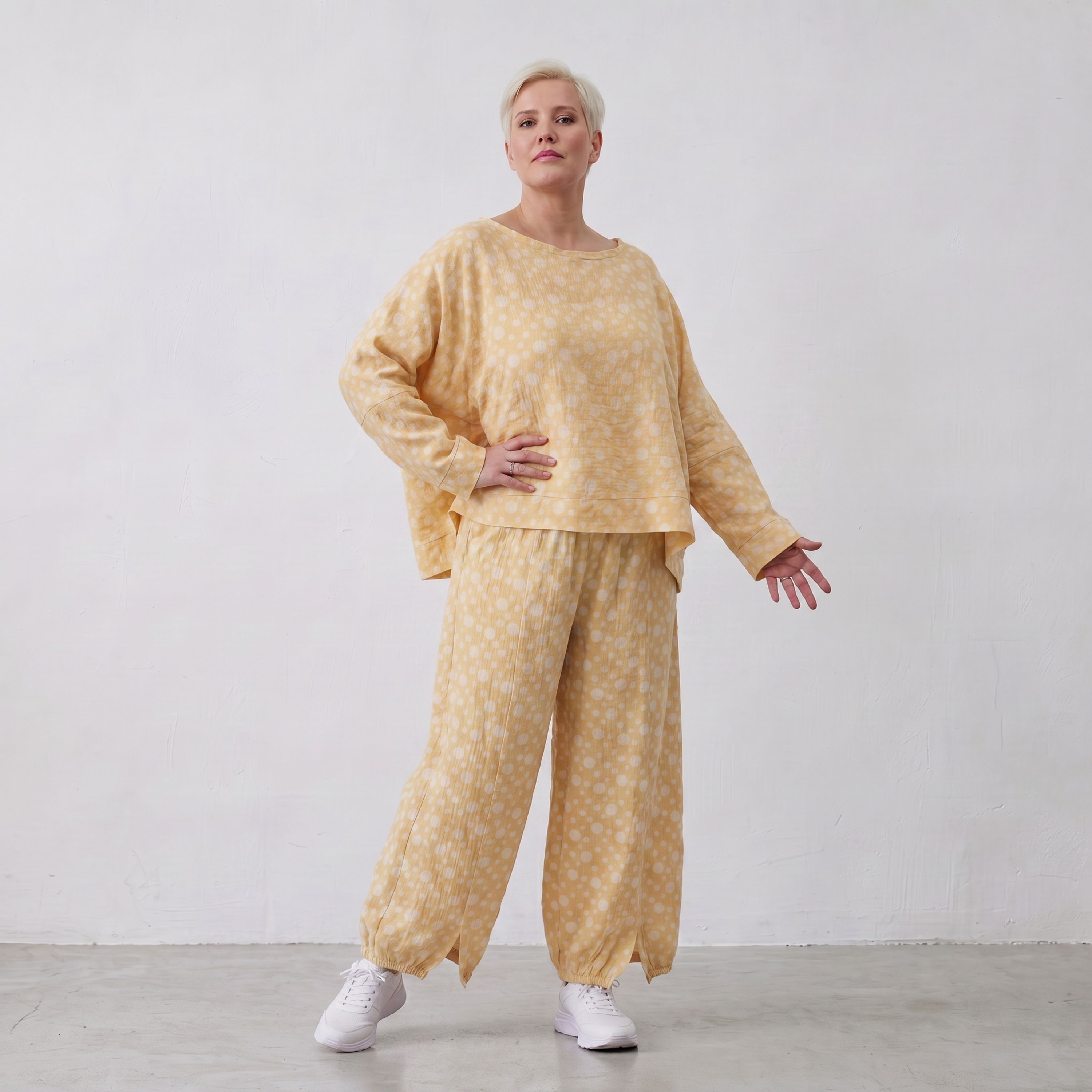 Luftige BaumwollMousseline Ballonhose Gelb/Ecru leger Oversize Lagenlook zeitlos chic