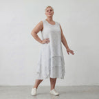 Leichte Baumwolltunika Lagenlook Oversize locker Hellblau Ecru mit Volant luftig zeitlos