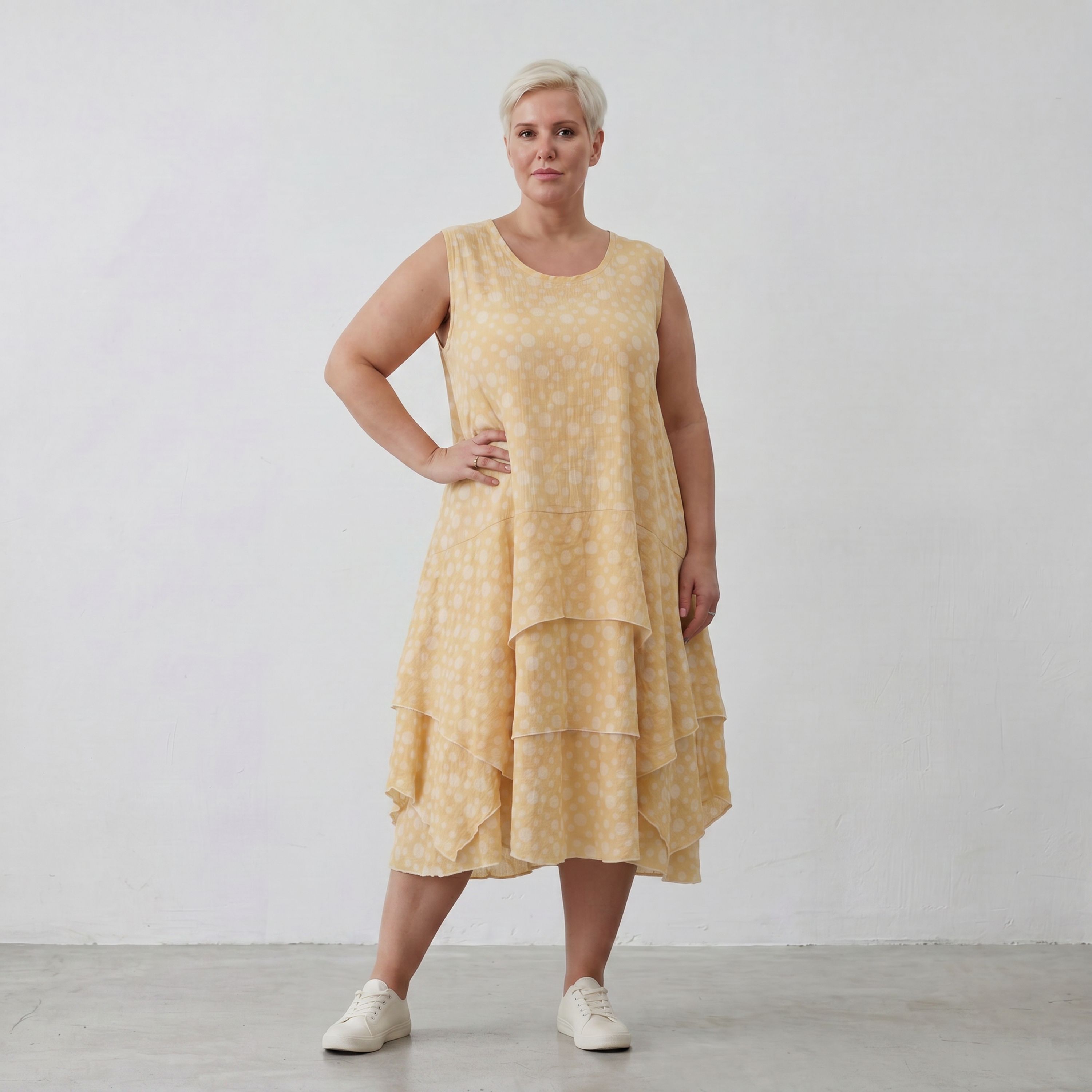 Leichte Baumwolltunika im Lagenlook Gelb Ecru Oversize mit Volants zeitlos leger so leicht