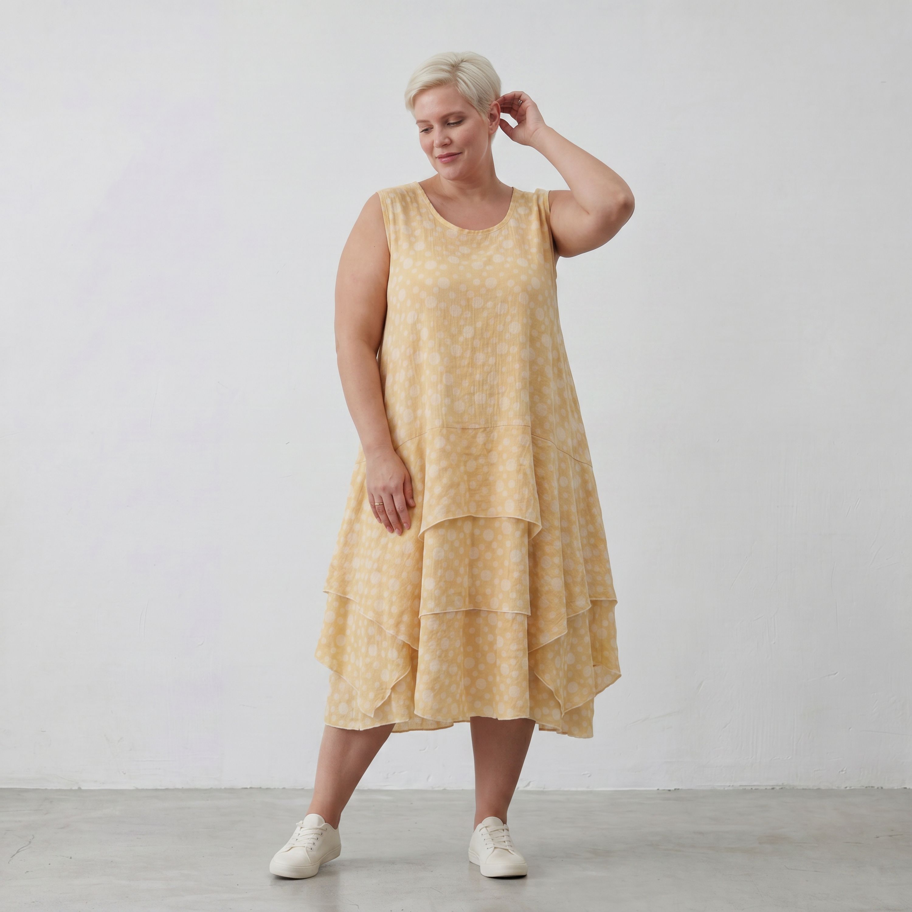 Leichte Baumwolltunika im Lagenlook Gelb Ecru Oversize mit Volants zeitlos leger so leicht