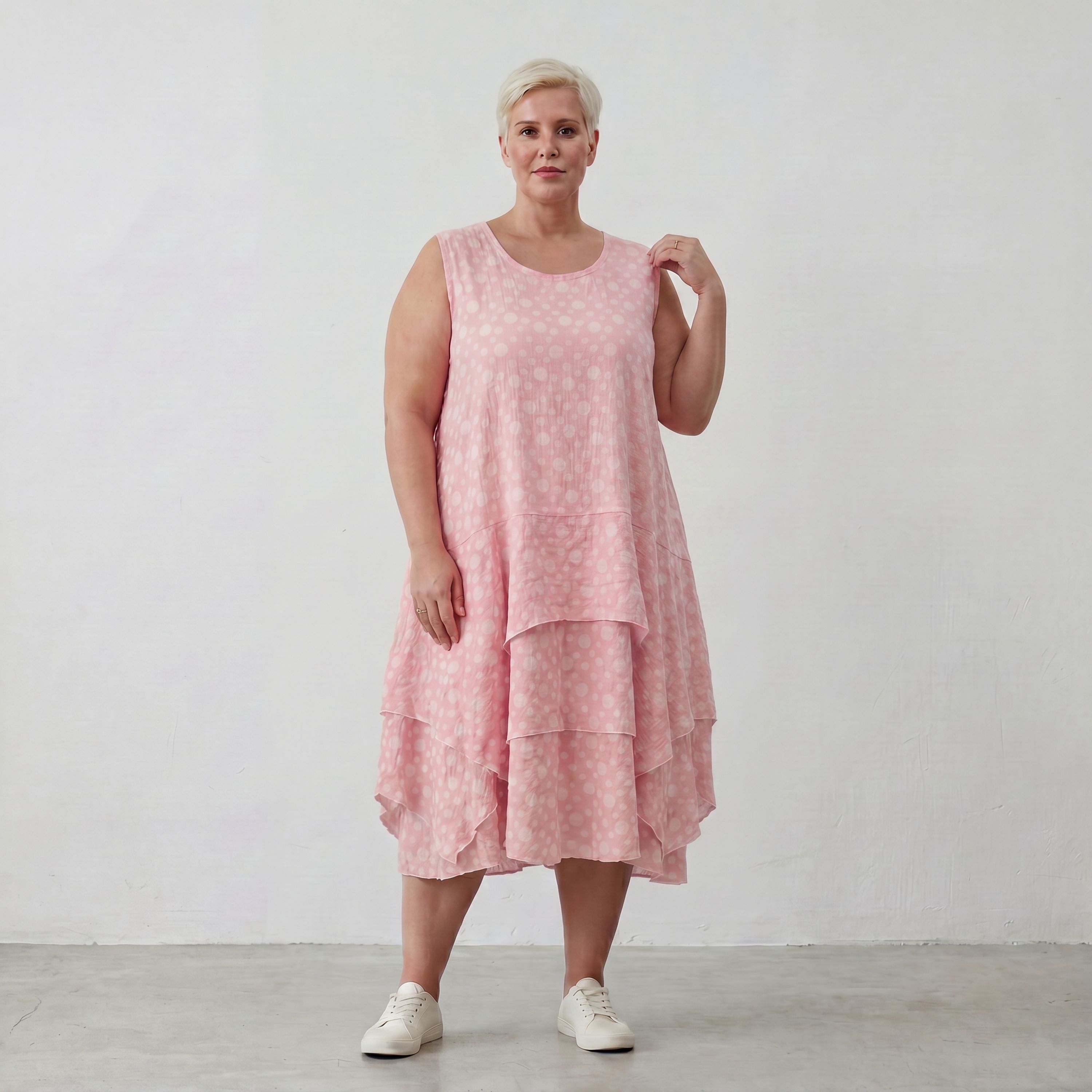 Rosa Ecru Baumwolltunika im Lagenlook luftig leicht Oversize zeitlos leger Volant locker