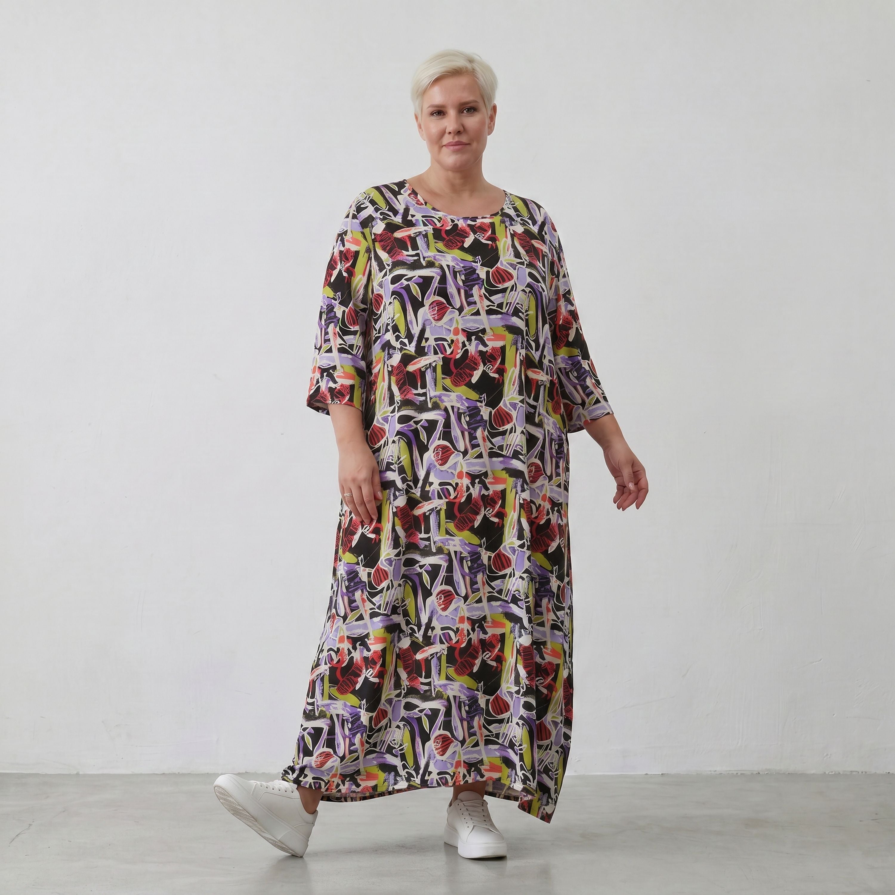 Fliessendes Ballonkleid aus Viskose in Schwarz Oliv Lila sehr leger zeitlos Oversize Look