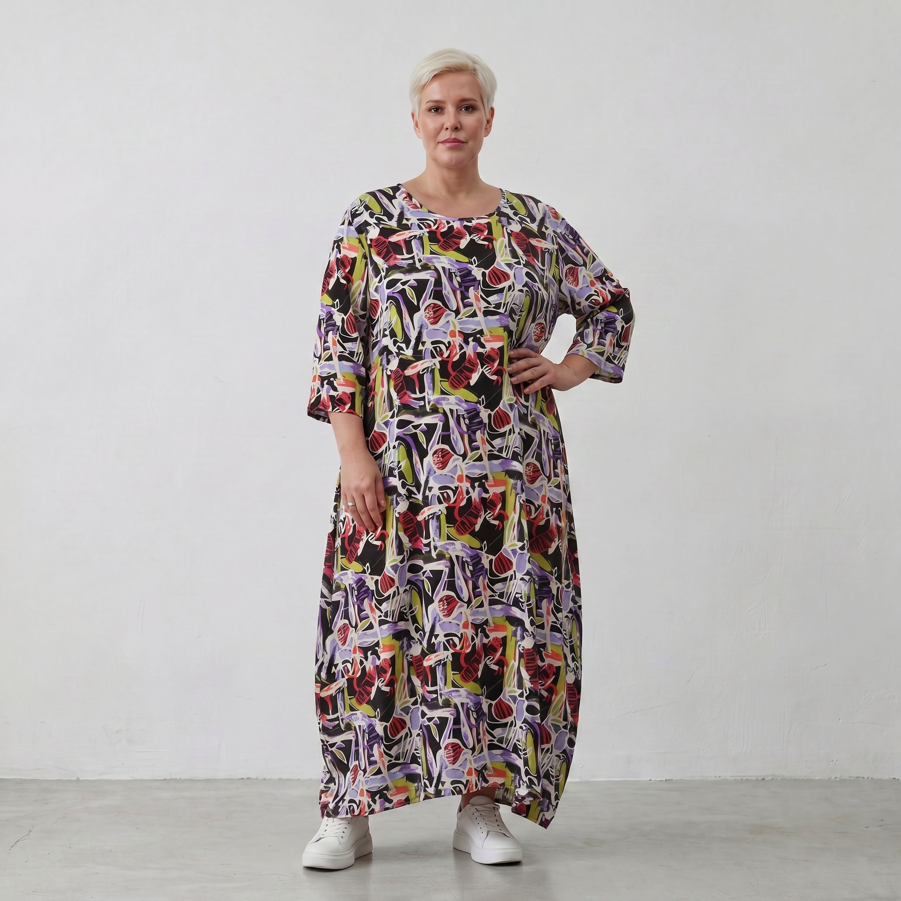 Fliessendes Ballonkleid aus Viskose in Schwarz Oliv Lila sehr leger zeitlos Oversize Look