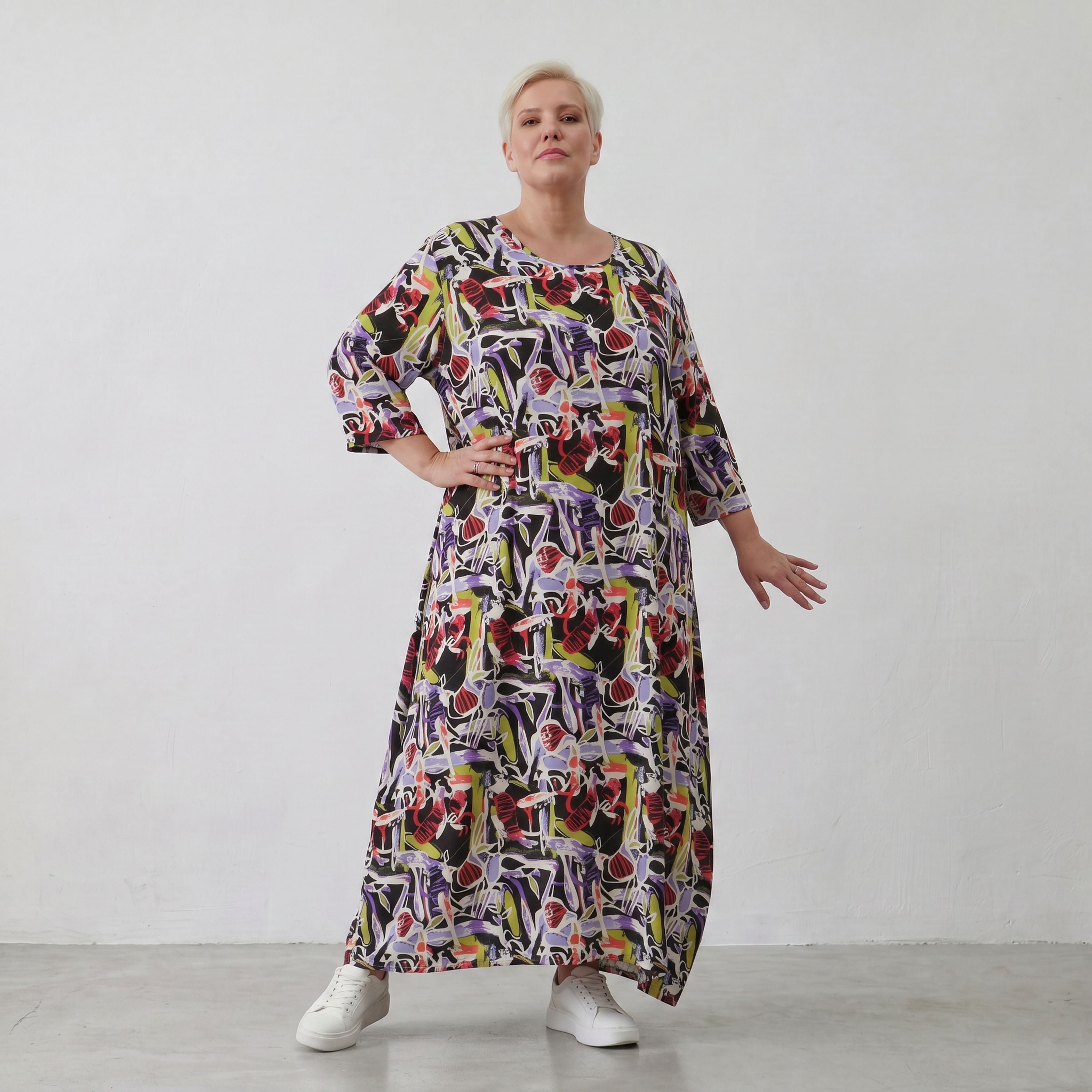 Fliessendes Ballonkleid aus Viskose in Schwarz Oliv Lila sehr leger zeitlos Oversize Look
