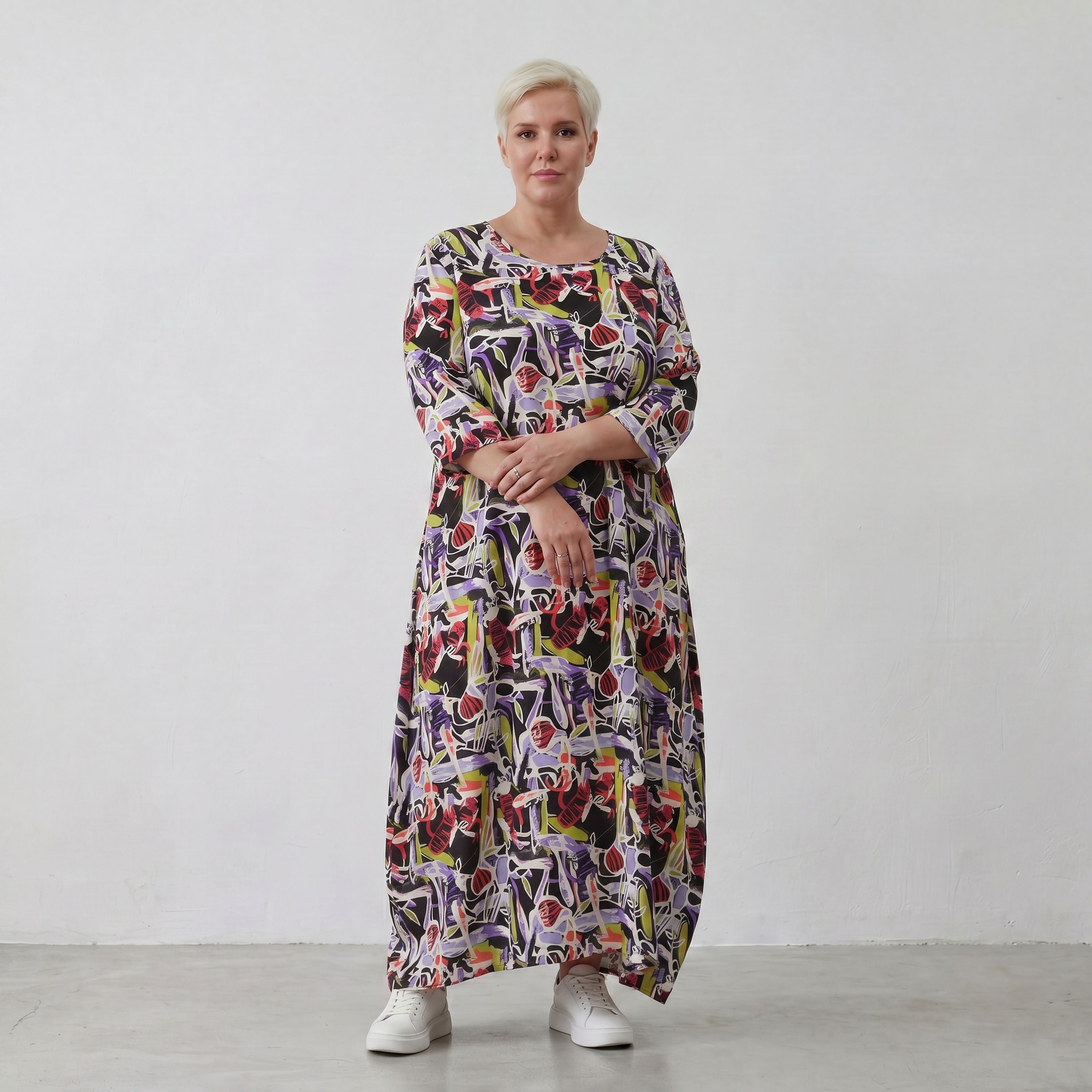 Fliessendes Ballonkleid aus Viskose in Schwarz Oliv Lila sehr leger zeitlos Oversize Look