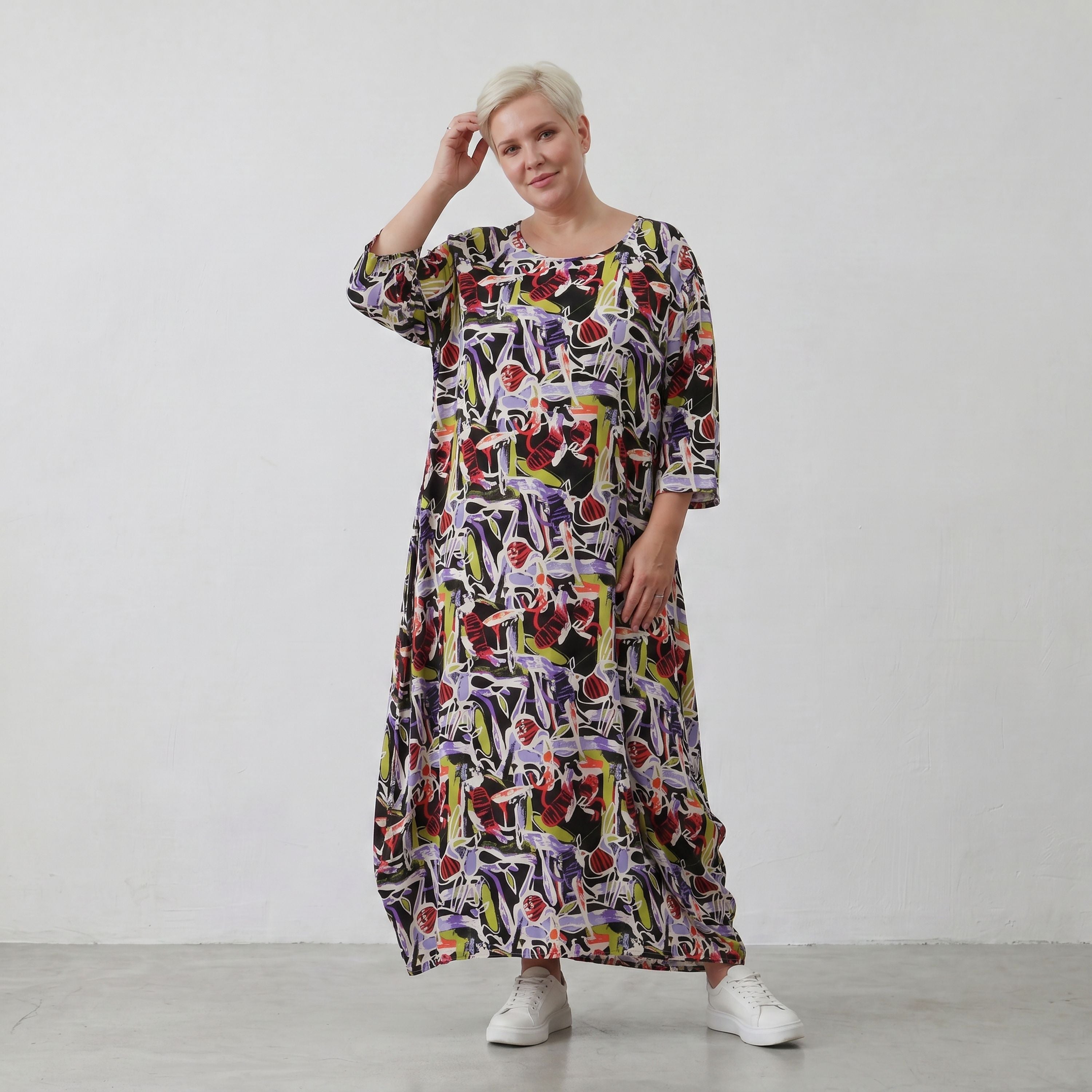 Fliessendes Ballonkleid aus Viskose in Schwarz Oliv Lila sehr leger zeitlos Oversize Look