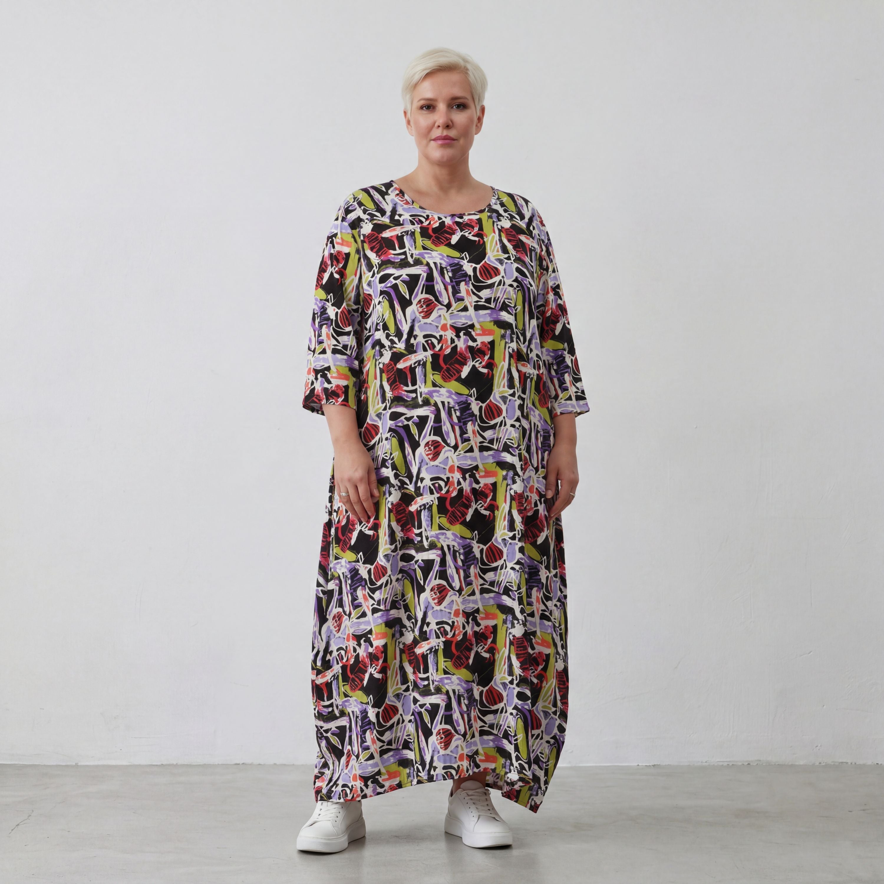 Fliessendes Ballonkleid aus Viskose in Schwarz Oliv Lila sehr leger zeitlos Oversize Look