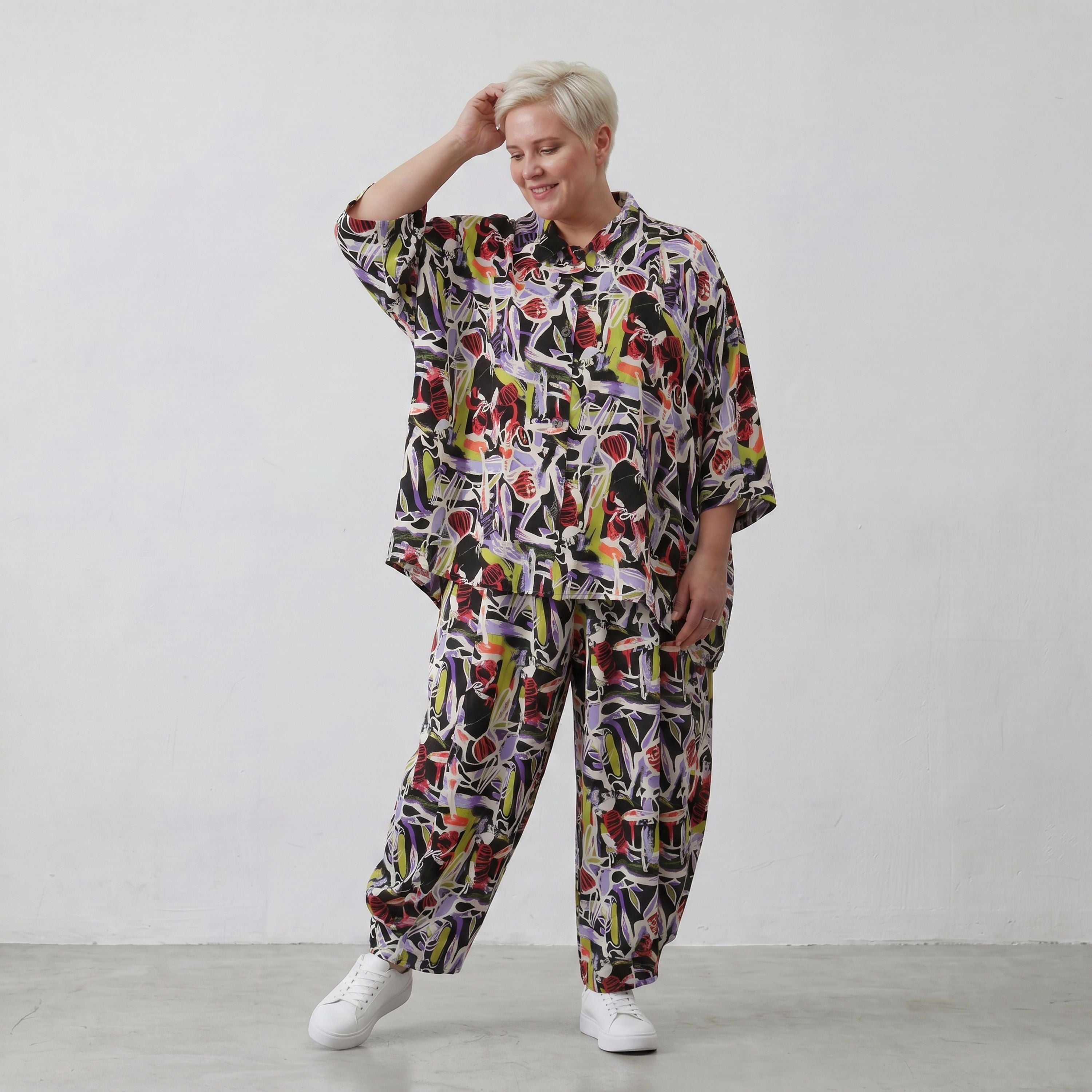 Fliessende Ballonhose Oversize Lagenlook in Schwarz Oliv Lila leger zeitlos soft fallend