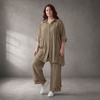 Zeitlose Beige Oversize Bluse in Leinenoptik mit Lochmuster leger Lagenlook und zeitlos