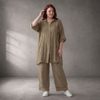 Zeitlose Beige Oversize Bluse in Leinenoptik mit Lochmuster leger Lagenlook und zeitlos