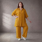 Gelb fliessend Viskosebluse im Lagenlook Oversize leger mit Streifen Lochstruktur luftig