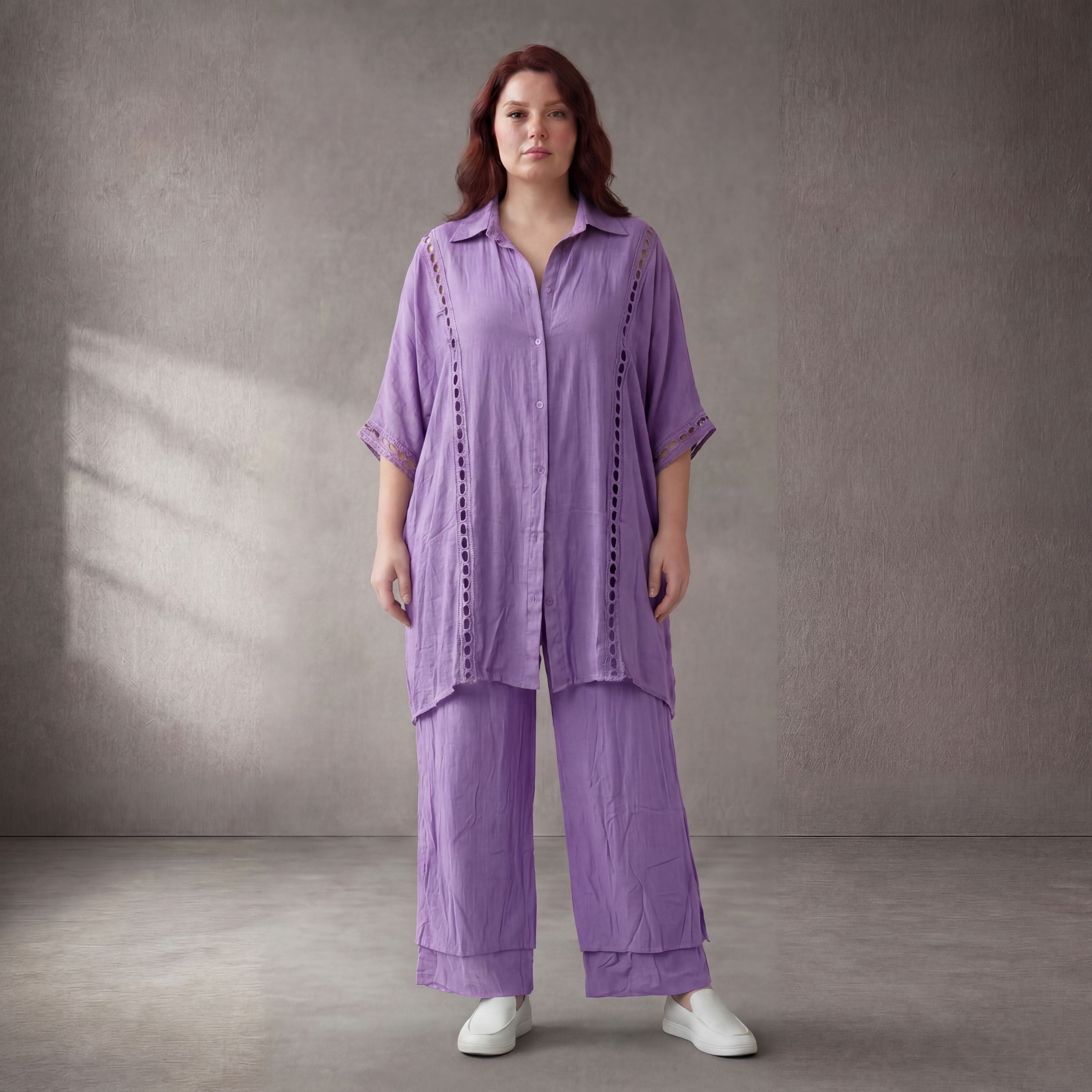 Flieder Viskosebluse im Lagenlook Oversize A-Linie mit Lochstruktur sehr leger zeitlos