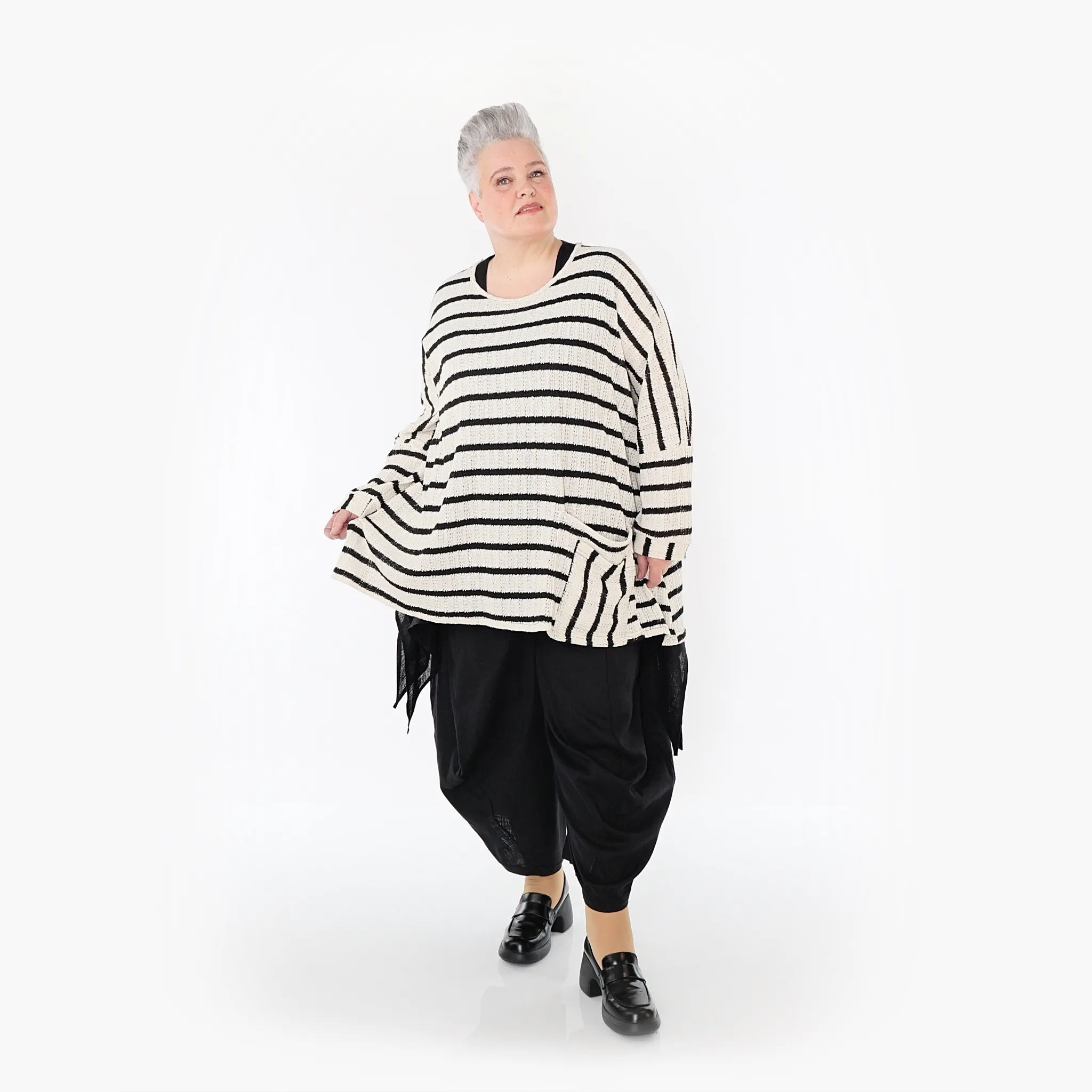  A-Form Bigshirt von AKH Fashion aus Baumwolle, 1467.07060, Beige/Schwarz, Streifen, Schick