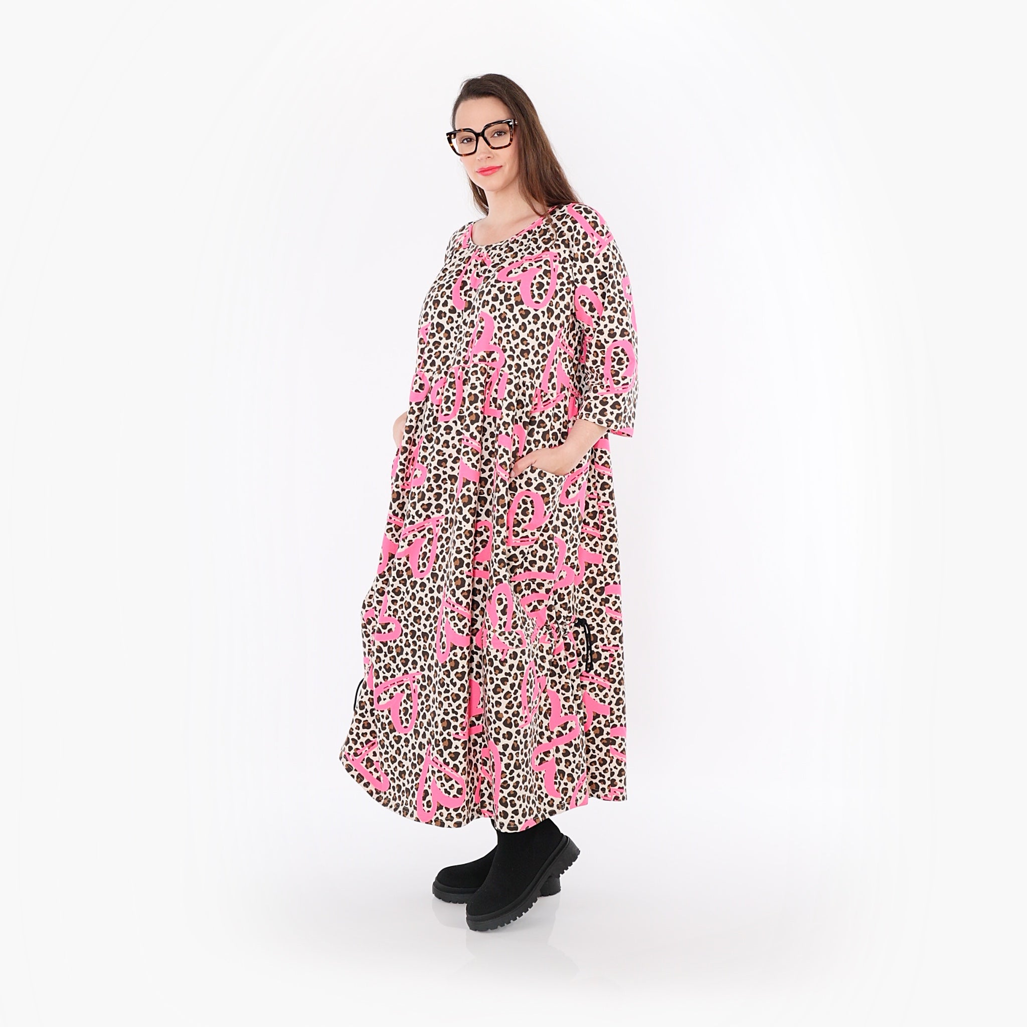  Ballonkleid von AKH Fashion aus Baumwolle, 1513.07122, Beige/Braun/Fuchsia, Leopard