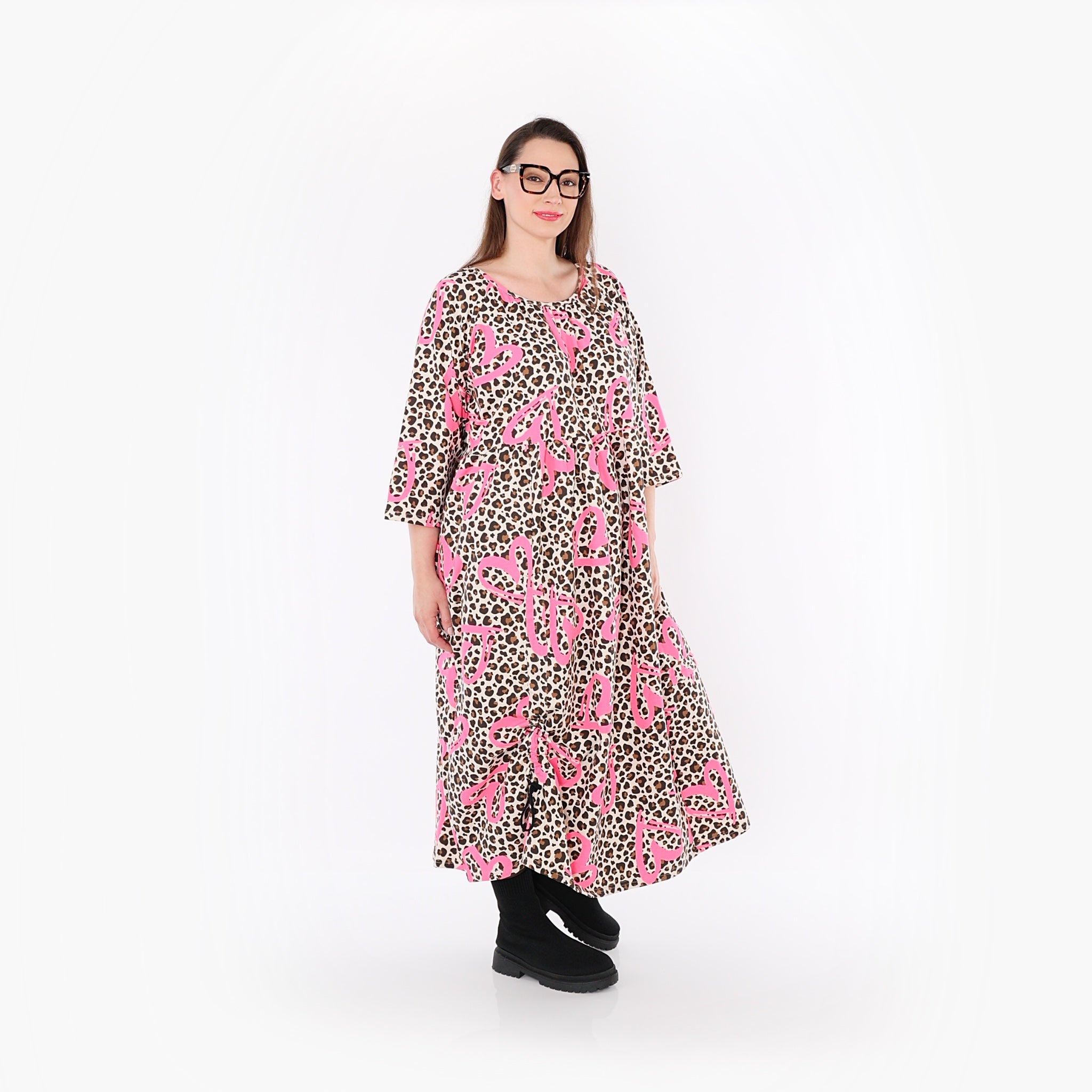  Ballonkleid von AKH Fashion aus Baumwolle, 1513.07122, Beige/Braun/Fuchsia, Leopard