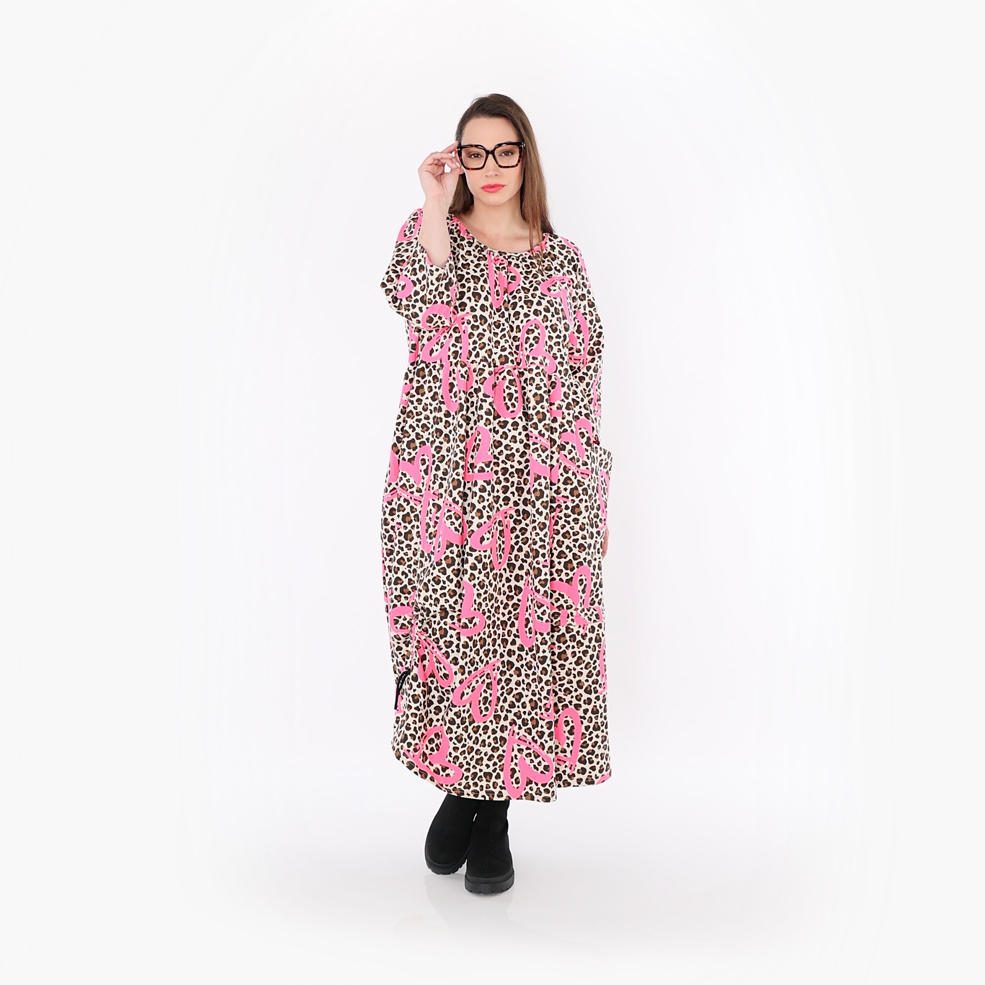  Ballonkleid von AKH Fashion aus Baumwolle, 1513.07122, Beige/Braun/Fuchsia, Leopard