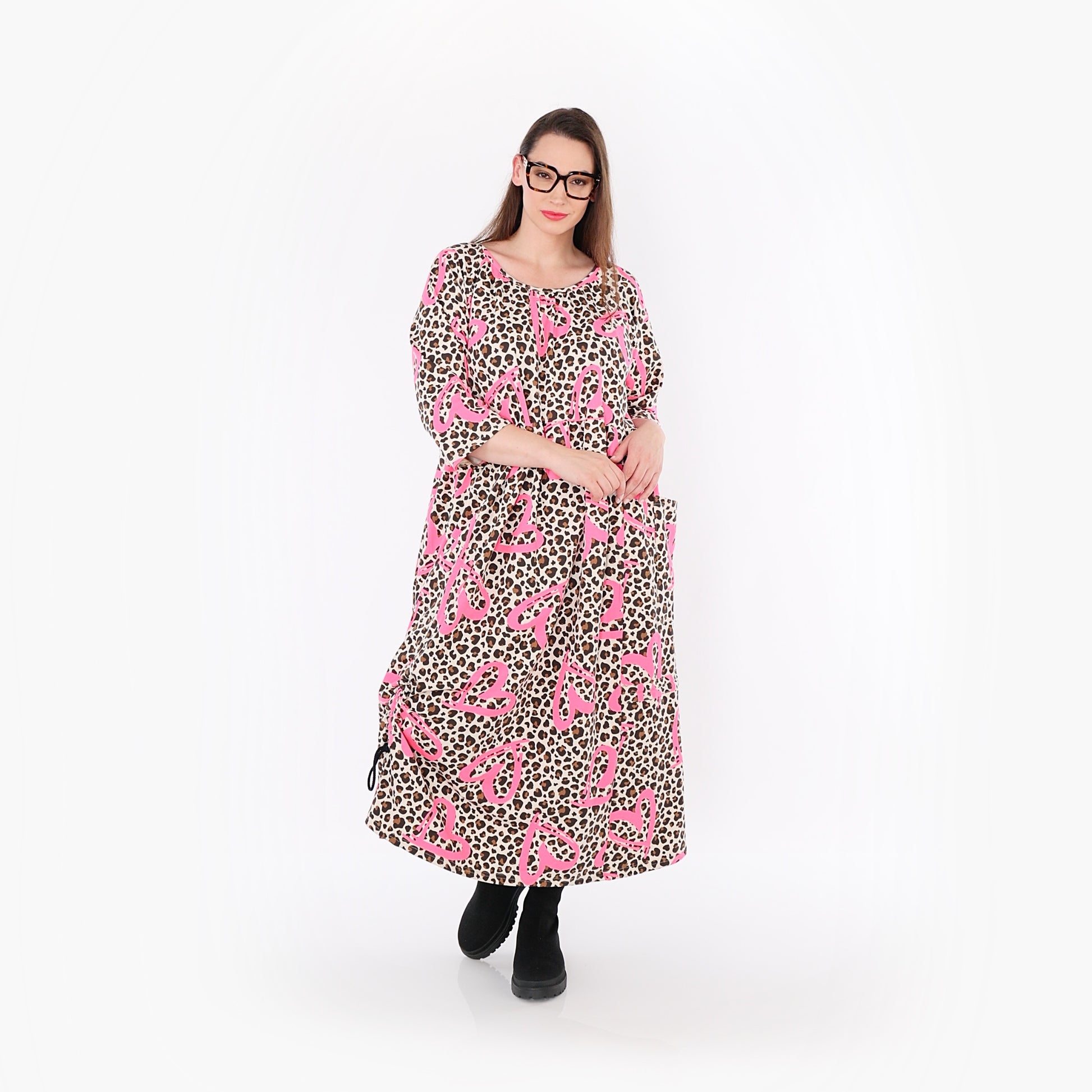  Ballonkleid von AKH Fashion aus Baumwolle, 1513.07122, Beige/Braun/Fuchsia, Leopard