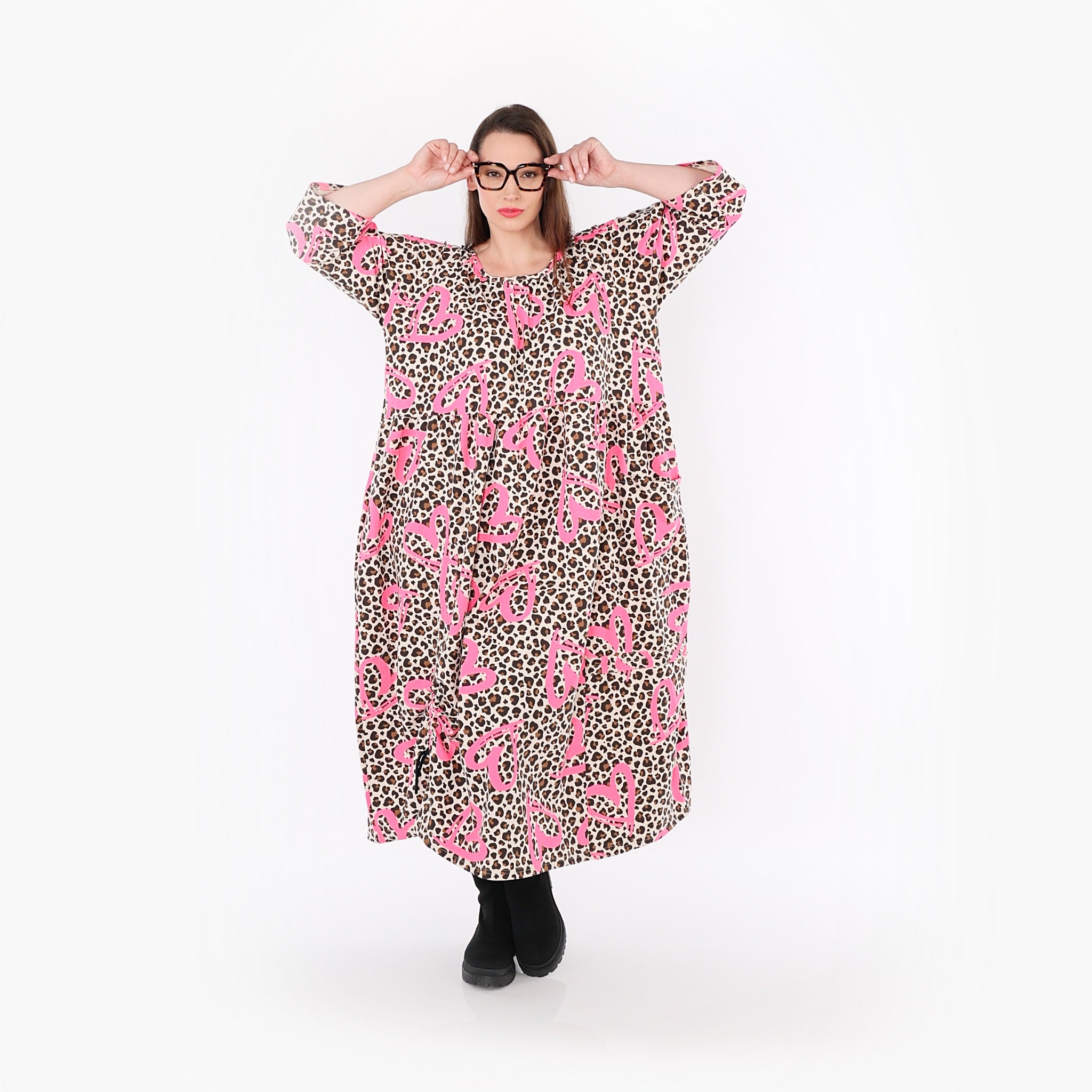  Ballonkleid von AKH Fashion aus Baumwolle, 1513.07122, Beige/Braun/Fuchsia, Leopard