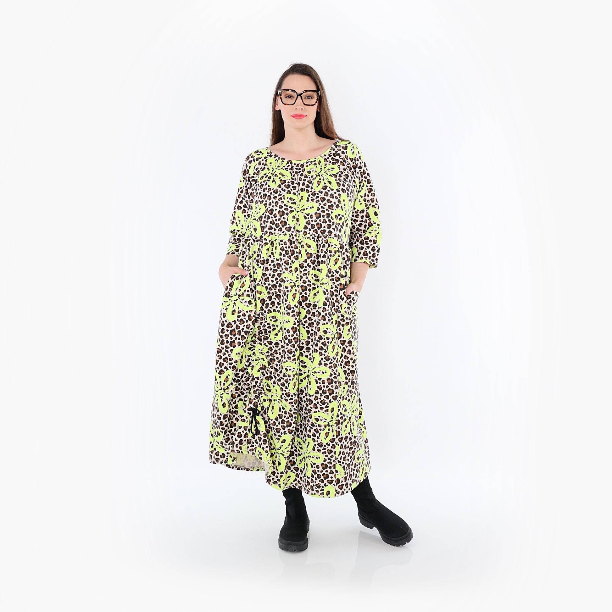  Ballonkleid von AKH Fashion aus Baumwolle, 1514.07122, Beige/Braun/Neongrün, Leopard
