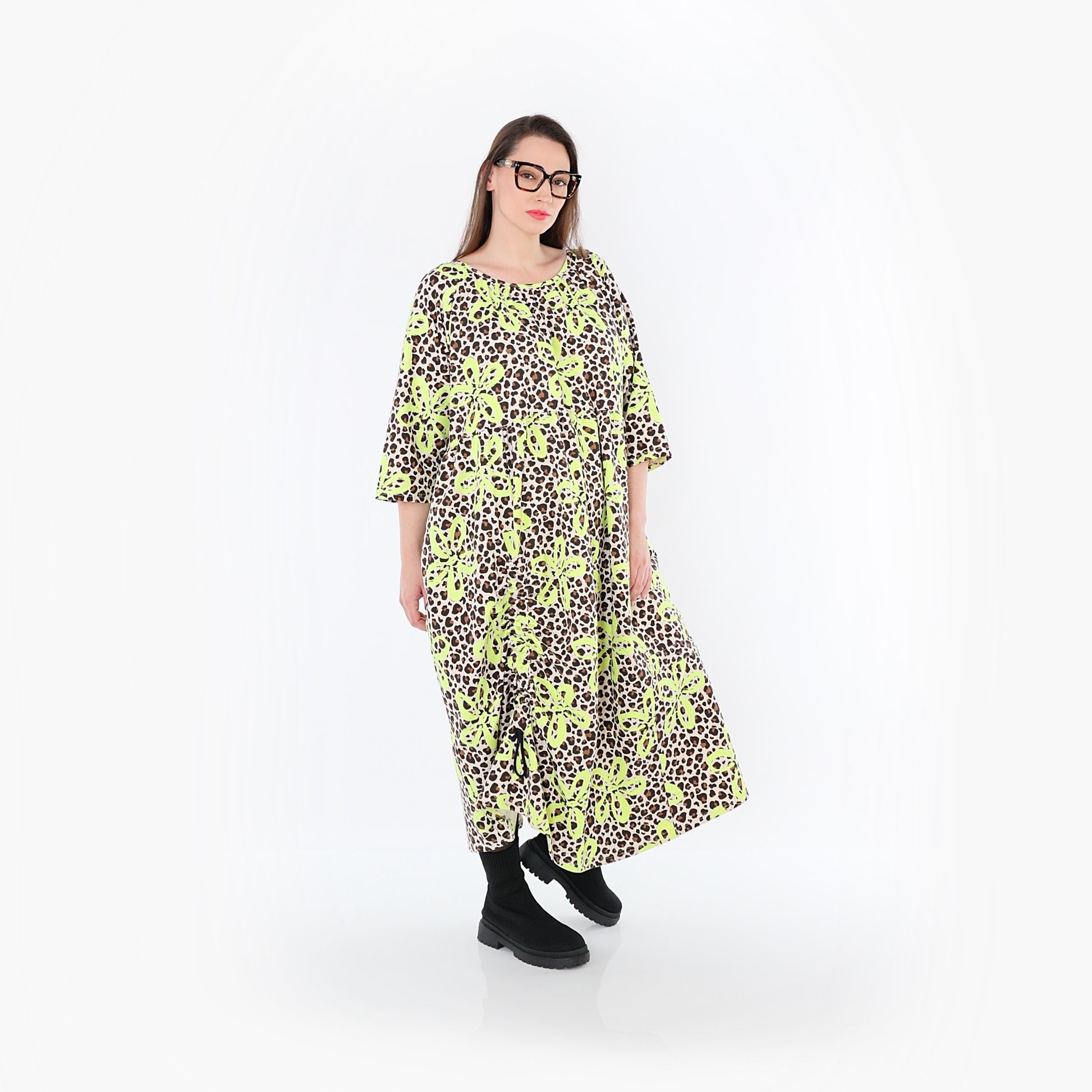  Ballonkleid von AKH Fashion aus Baumwolle, 1514.07122, Beige/Braun/Neongrün, Leopard