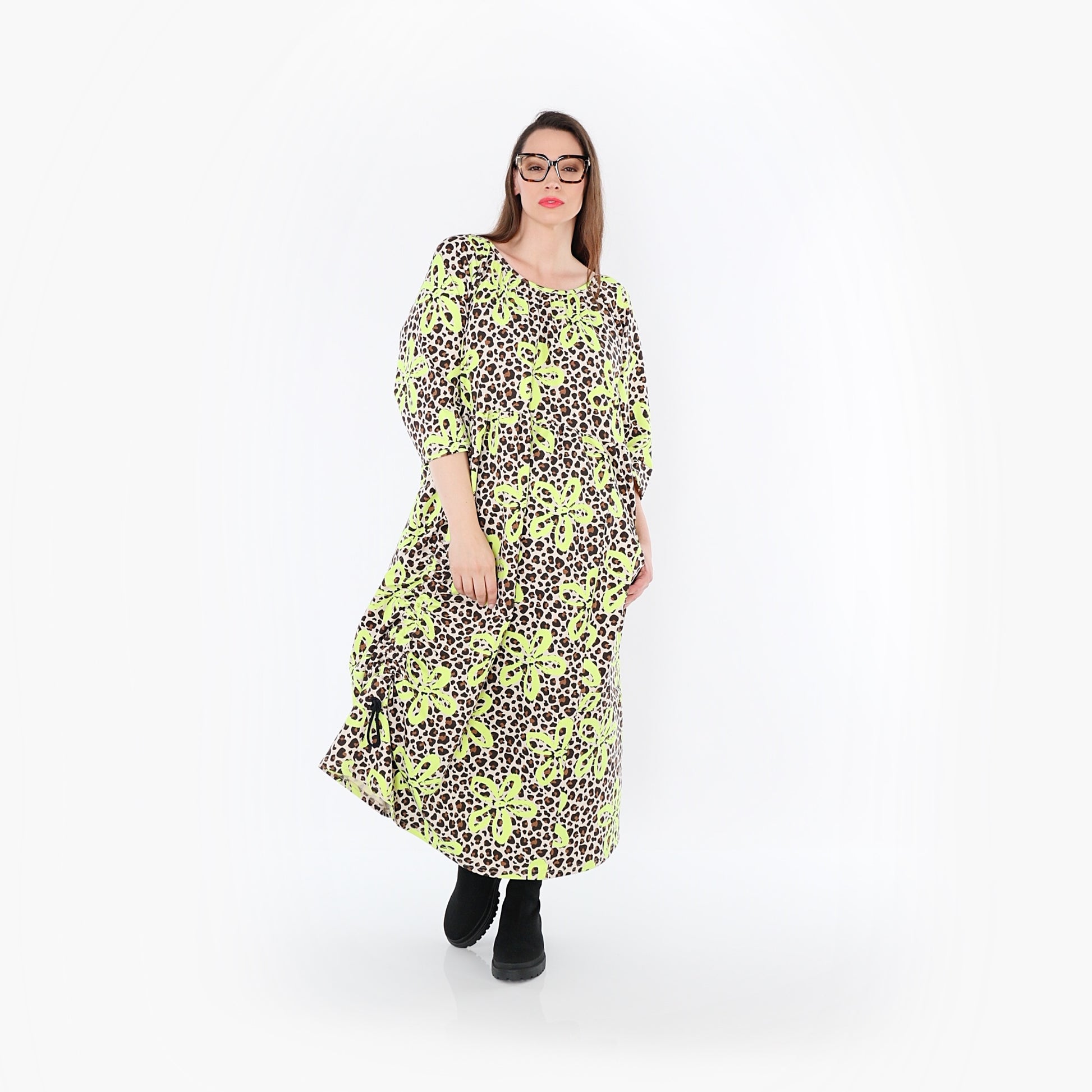  Ballonkleid von AKH Fashion aus Baumwolle, 1514.07122, Beige/Braun/Neongrün, Leopard