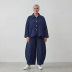 Zeitlose Oversize Jacquardjacke in Dunkelblau Weiß im sehr legeren Lagenlook mit Struktur