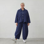 Zeitlose Oversize Jacquardjacke in Dunkelblau Weiß im sehr legeren Lagenlook mit Struktur