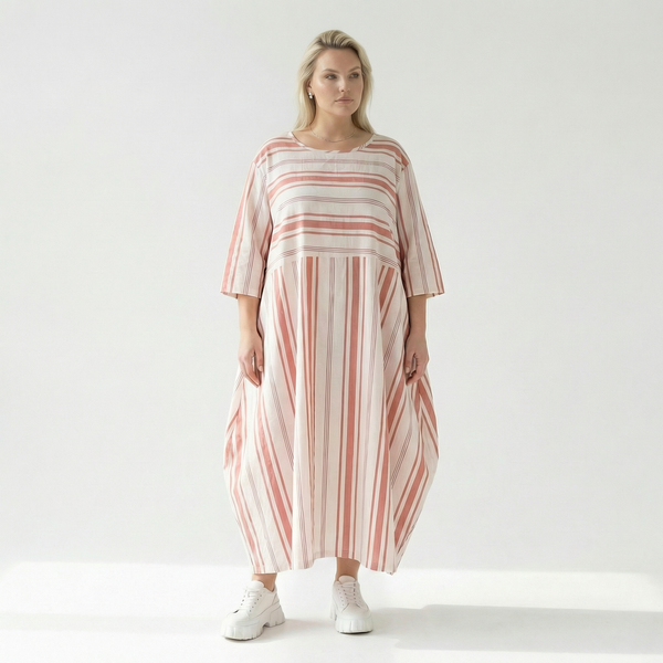  Ballonkleid von AKH Fashion aus Baumwolle, 1420.01926, Weiß/Apricot, Blockstreifen, Schick