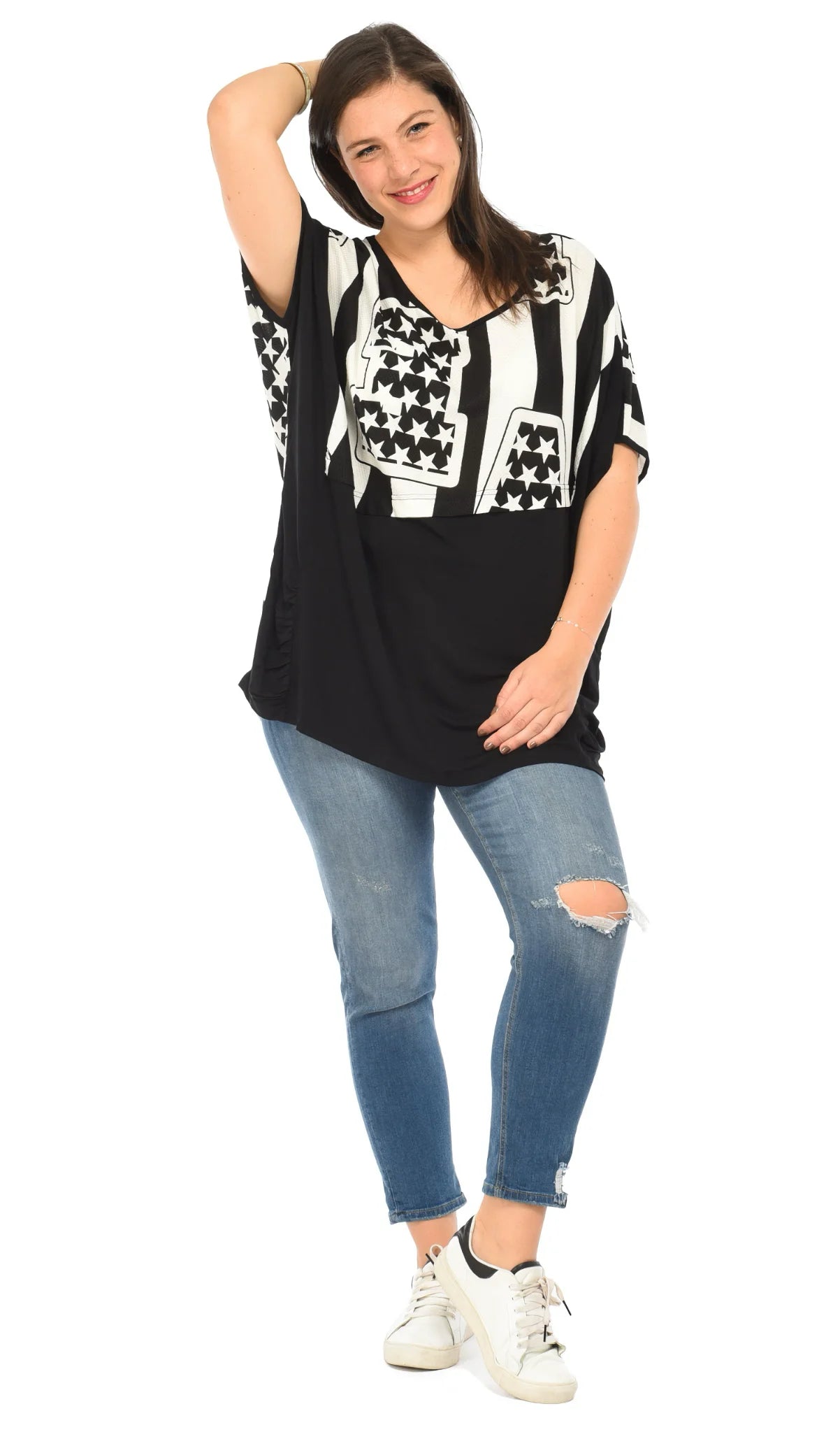  Pomme Rouge Bigshirt in gerader Form, aus Rayon, A677, Schwarz-Weiß, Buchstaben, Schick