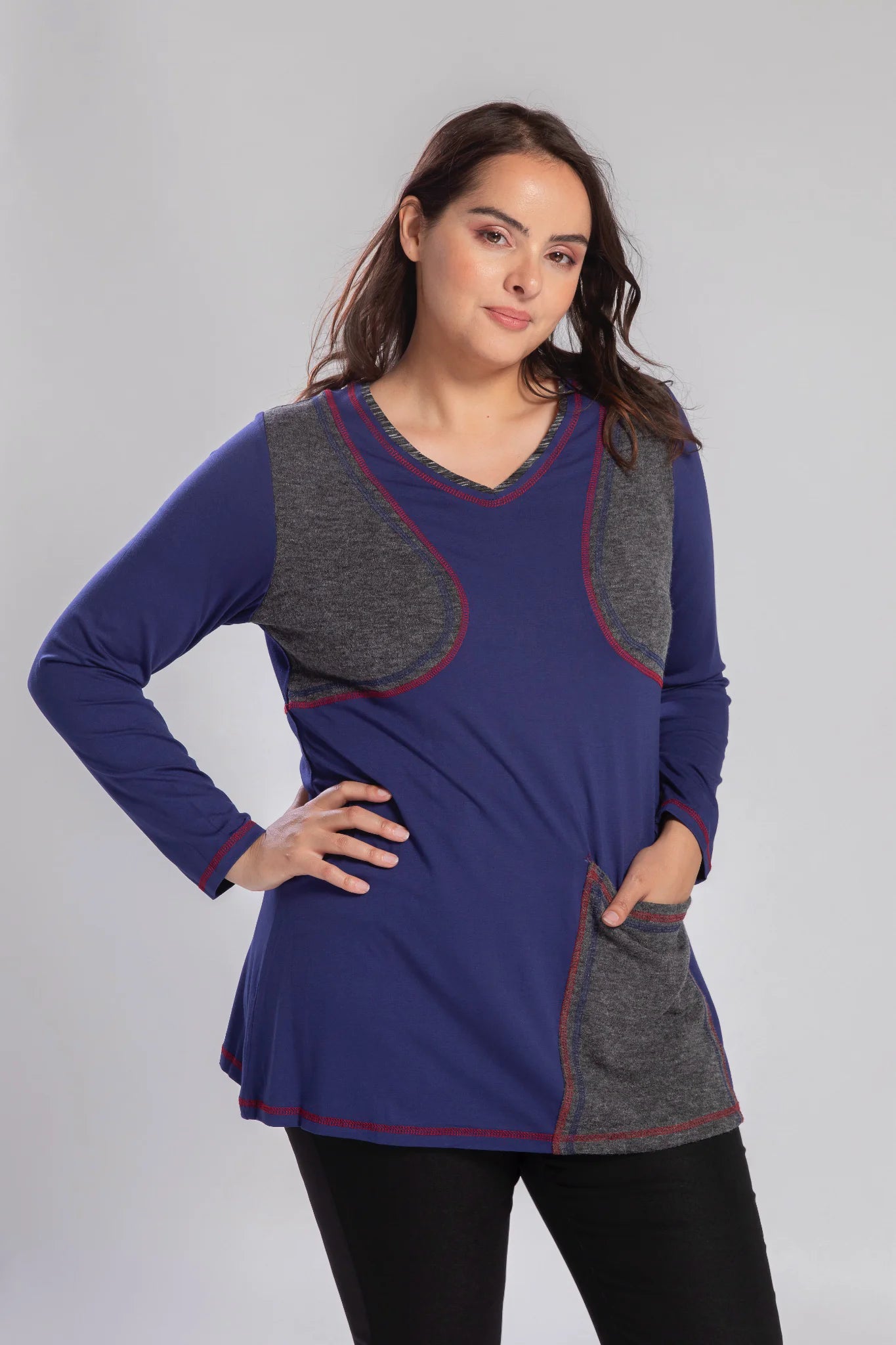  Pomme Rouge Shirt in gerader Form, aus Viskose, A737, Blau-Grau-Rot, Schick, Modern
