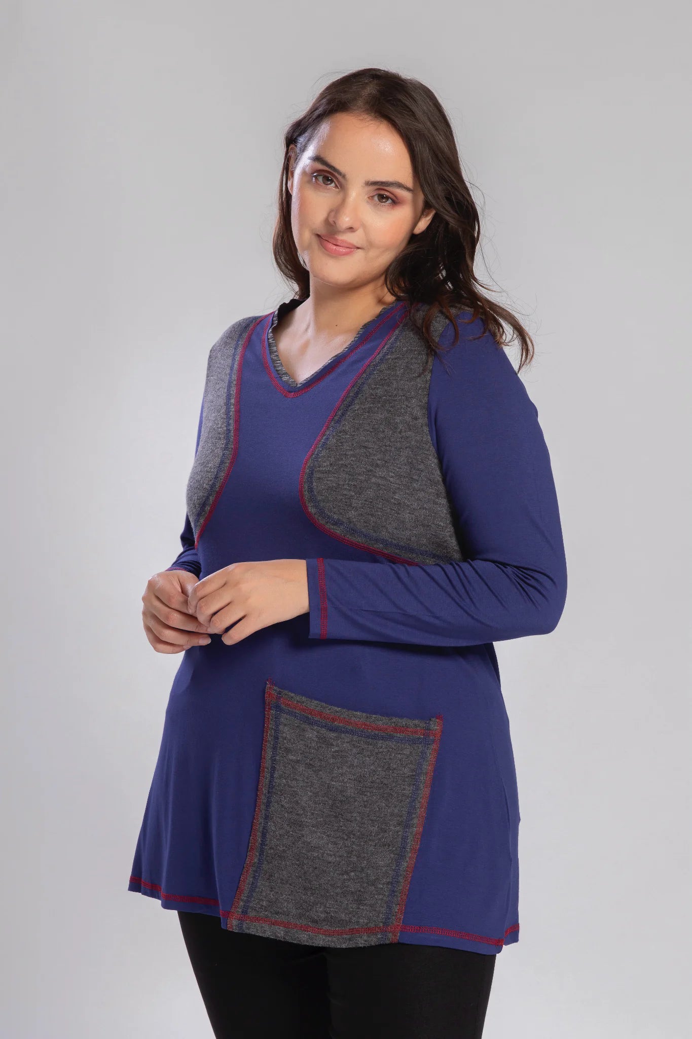 Pomme Rouge Shirt in gerader Form, aus Viskose, A737, Blau-Grau-Rot, Schick, Modern
