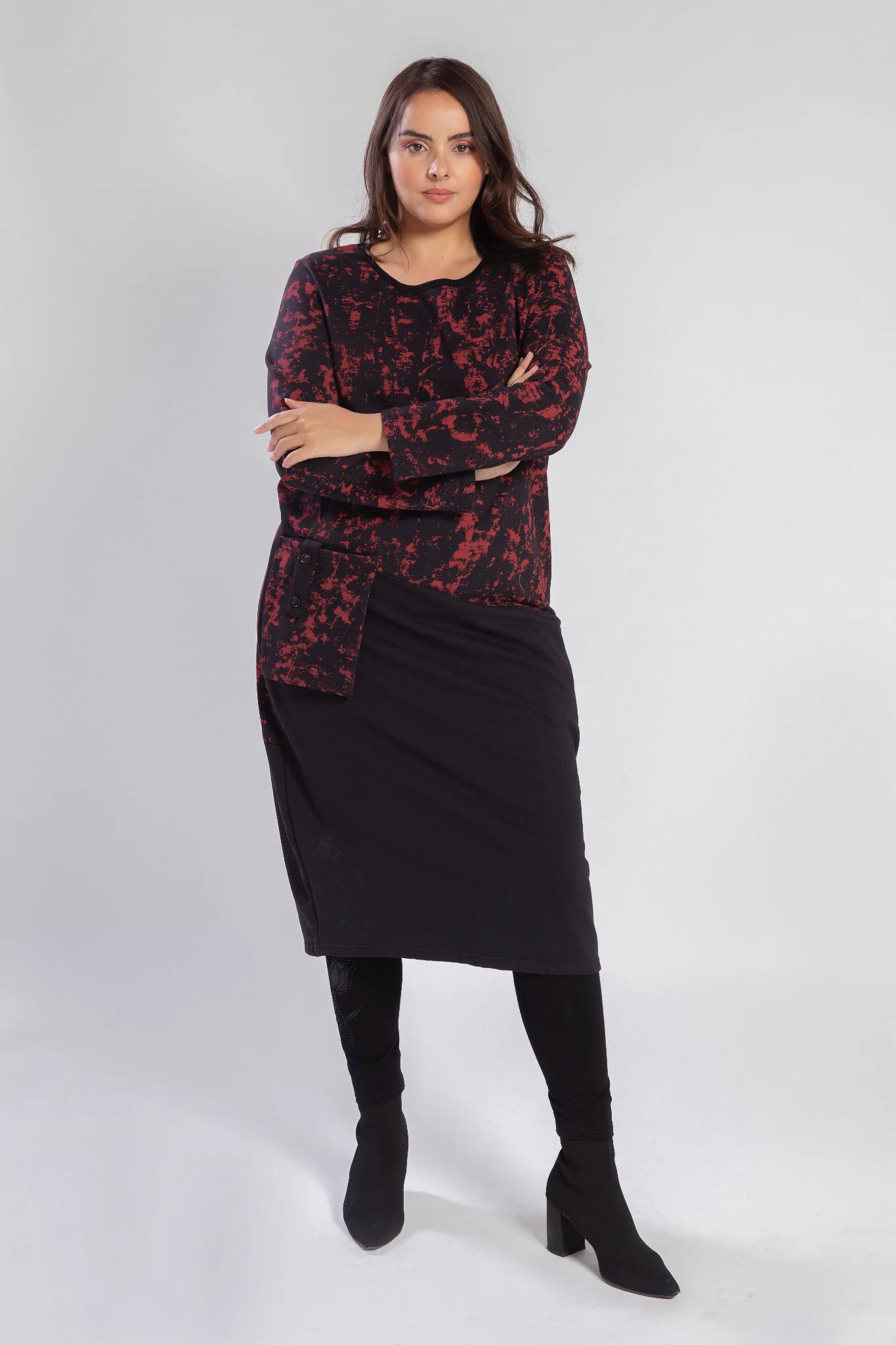  Pomme Rouge Kleid in gerader Form, aus Baumwolle, A829, Schwarz-Rot, Grafik, Schick