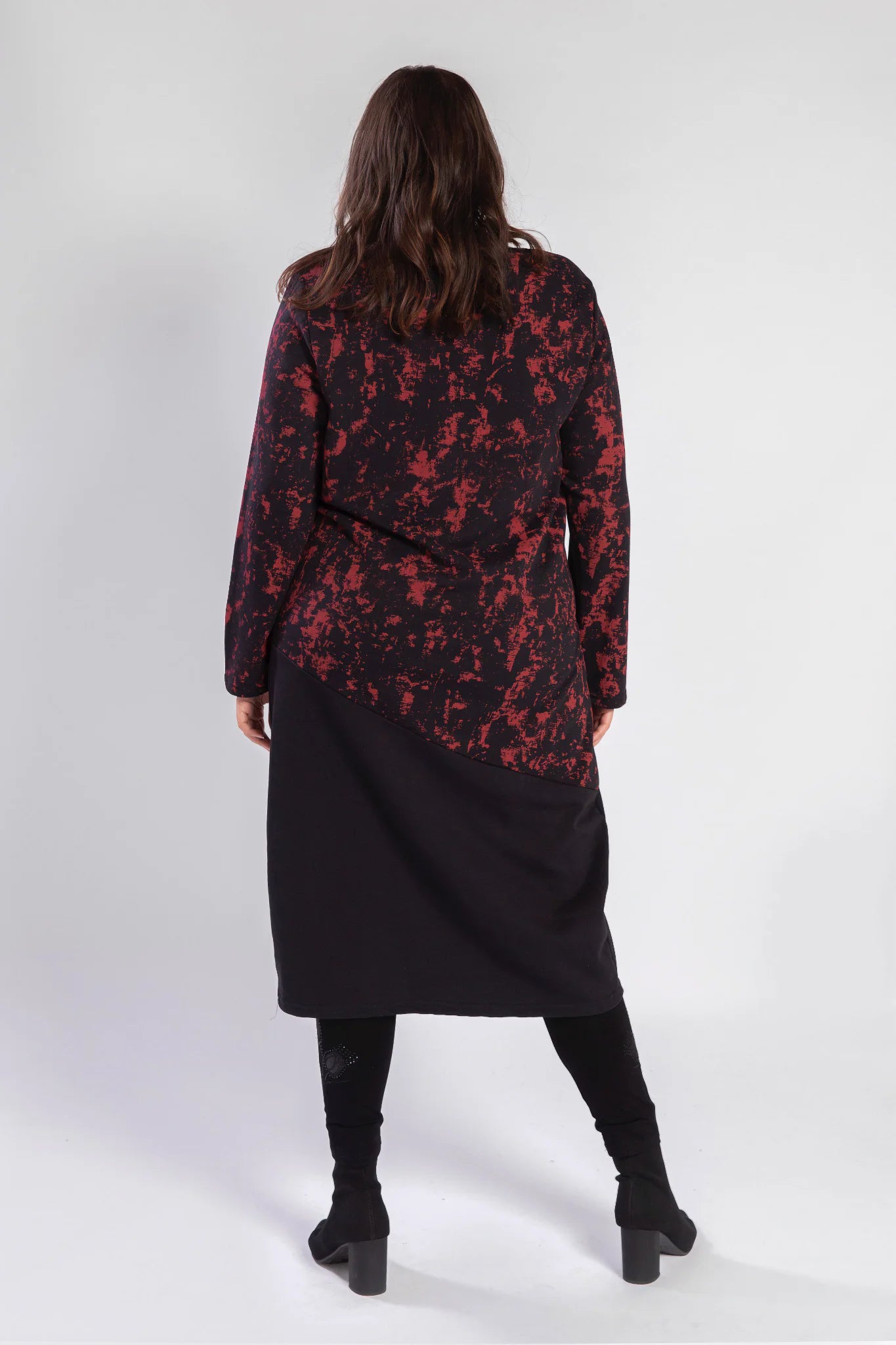  Pomme Rouge Kleid in gerader Form, aus Baumwolle, A829, Schwarz-Rot, Grafik, Schick