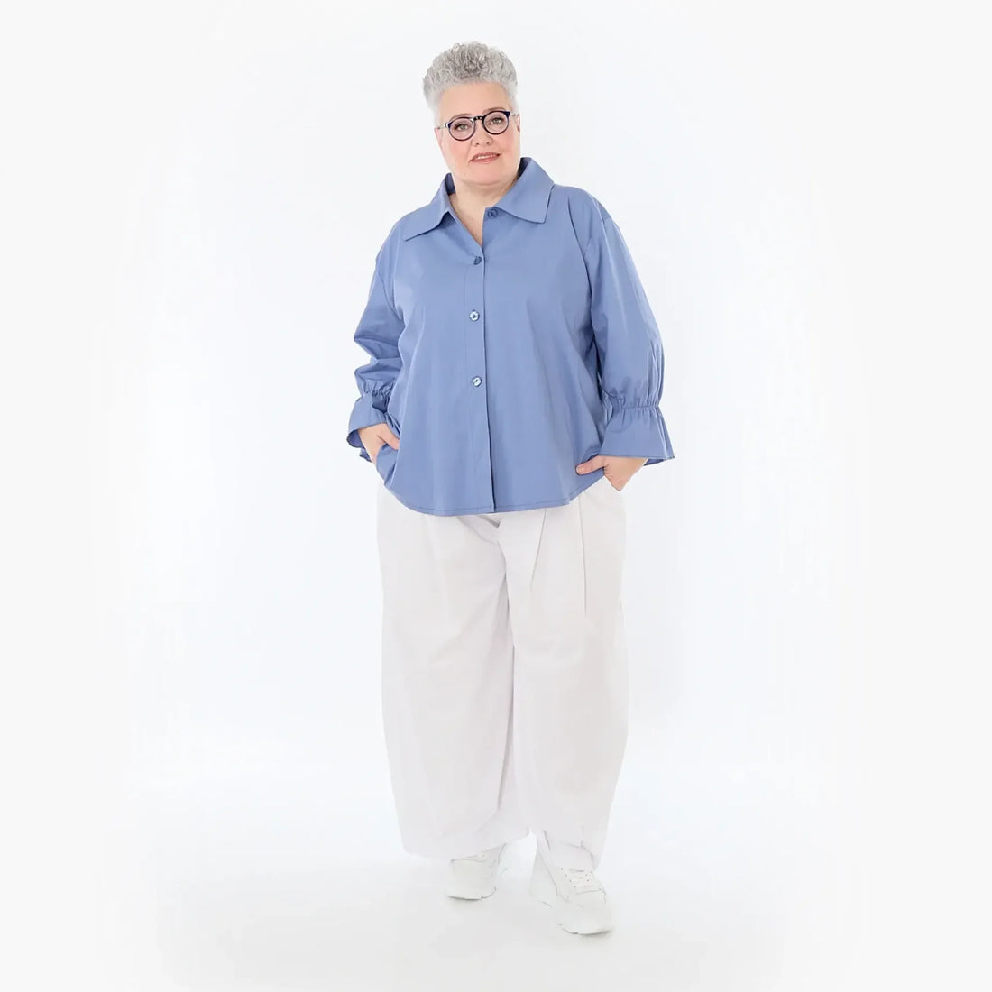 AKH Fashion Bluse in gerundeter Form, aus Baumwolle, 1482.07062, Azurblau, Ausgefallen