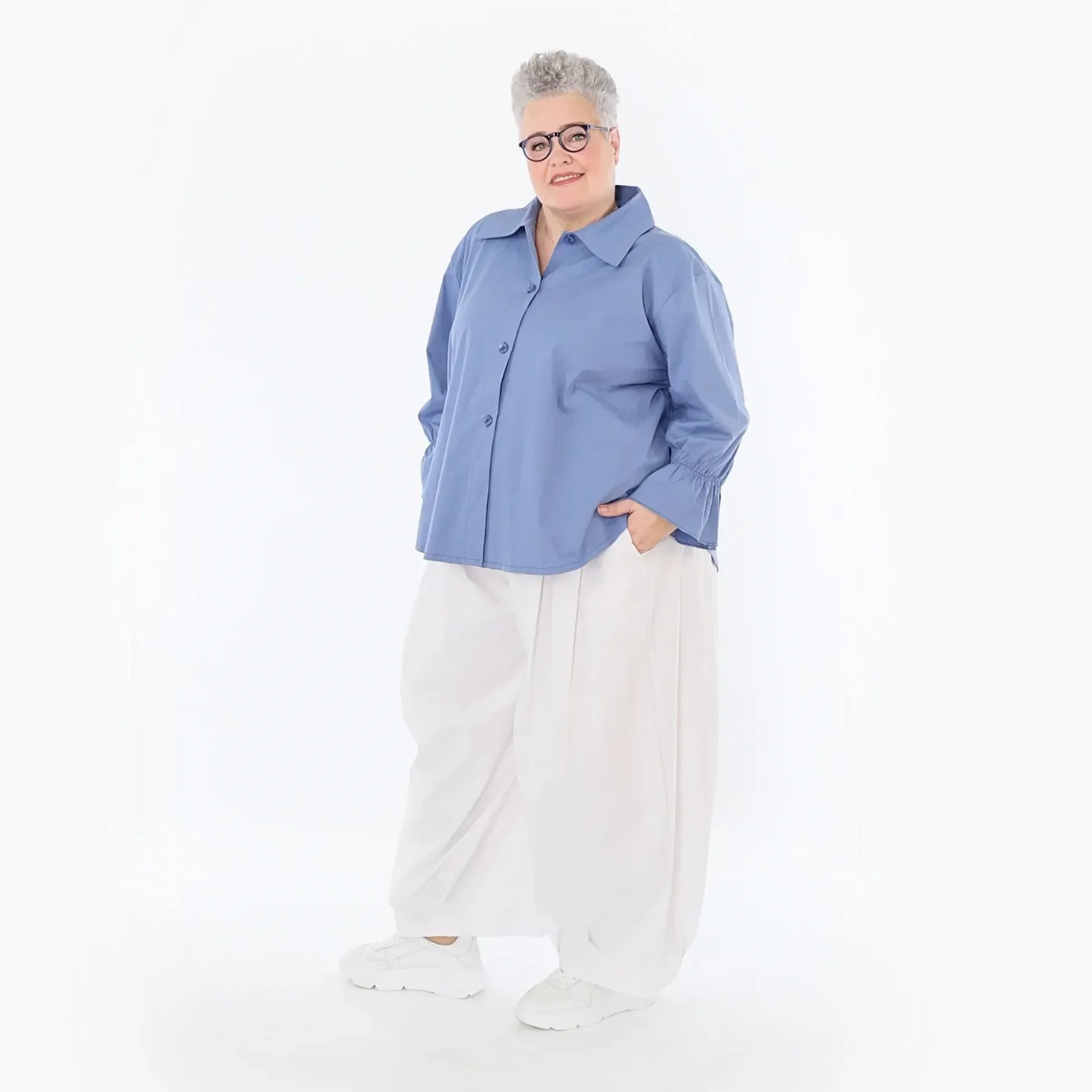  AKH Fashion Bluse in gerundeter Form, aus Baumwolle, 1482.07062, Azurblau, Ausgefallen